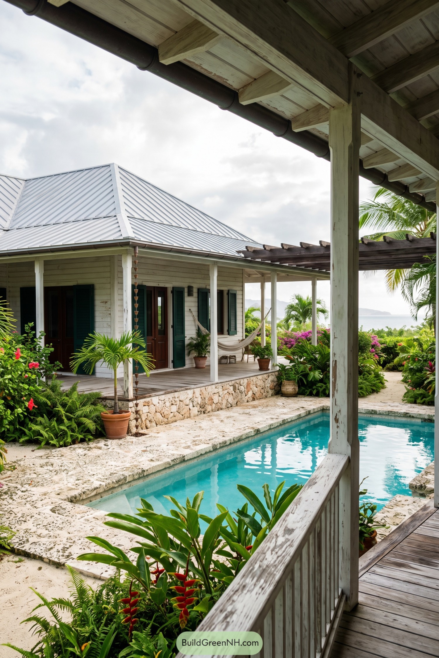 White timber villa with verandas surrounding a turquoise pool