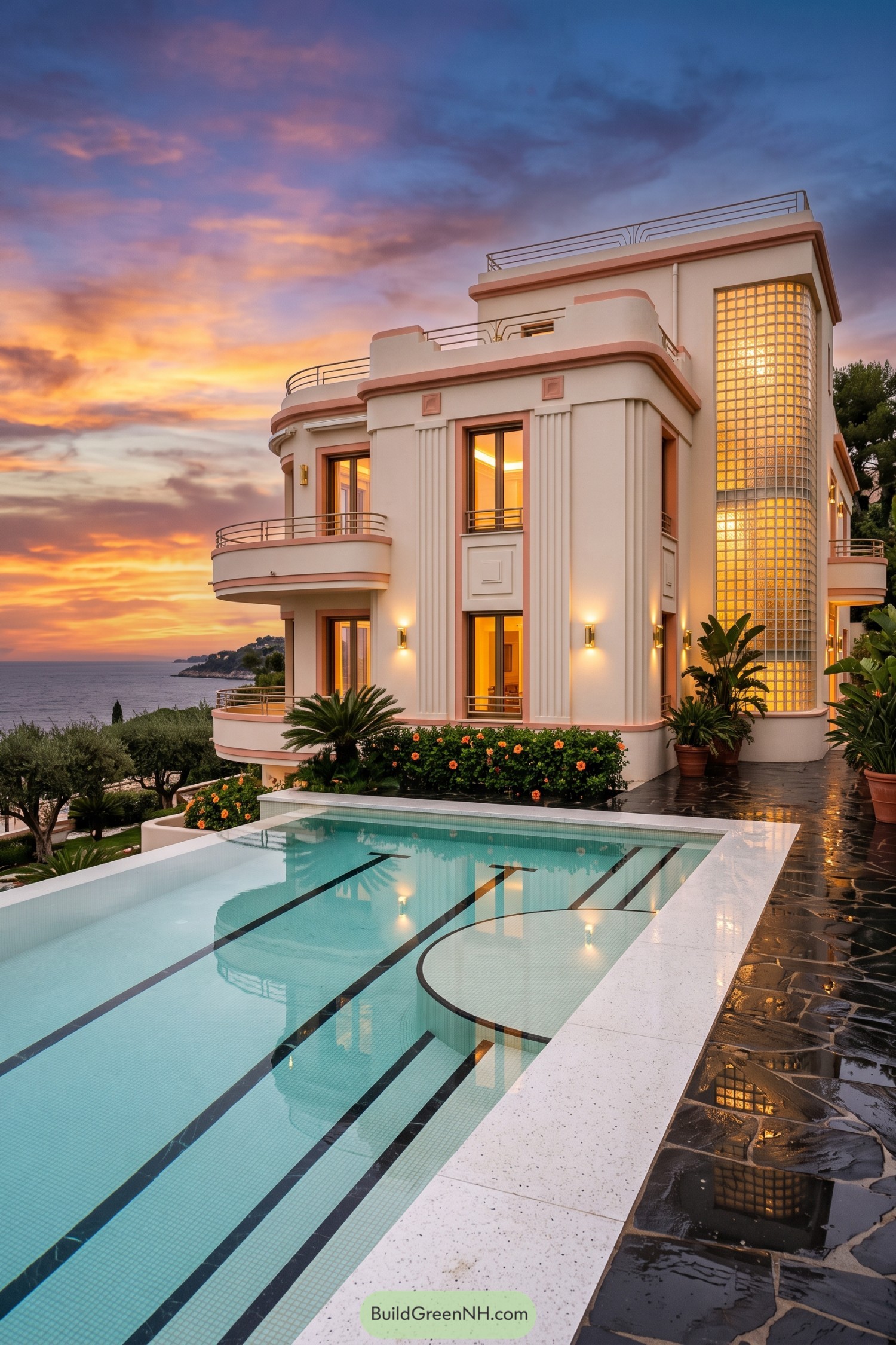 Art Deco villa beside a geometric pool overlooking the sea