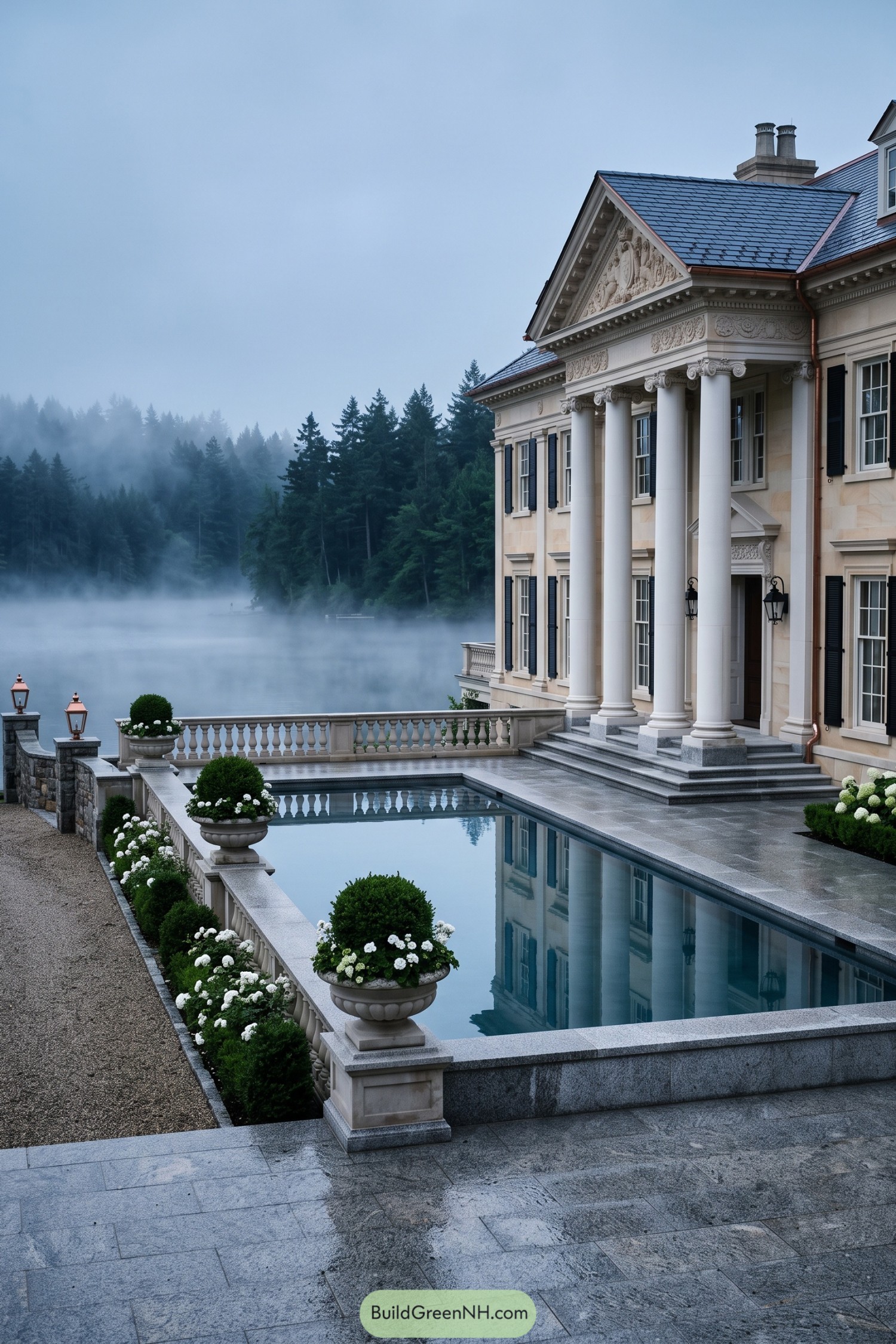 Palladian estate with a terrace pool beside a misty lake