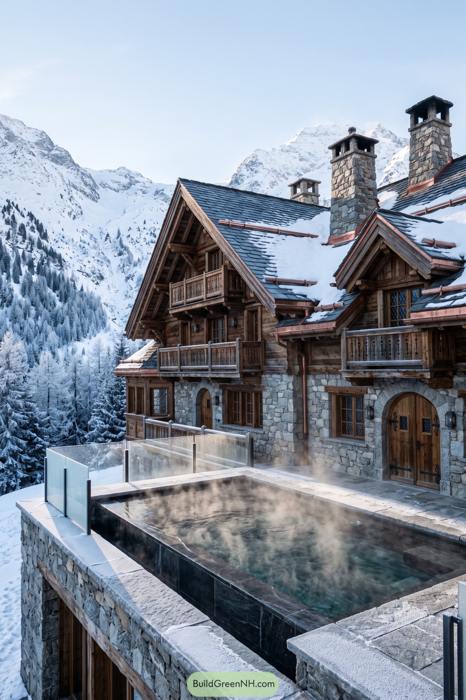 Snowy mountain chalet with a steaming infinity pool