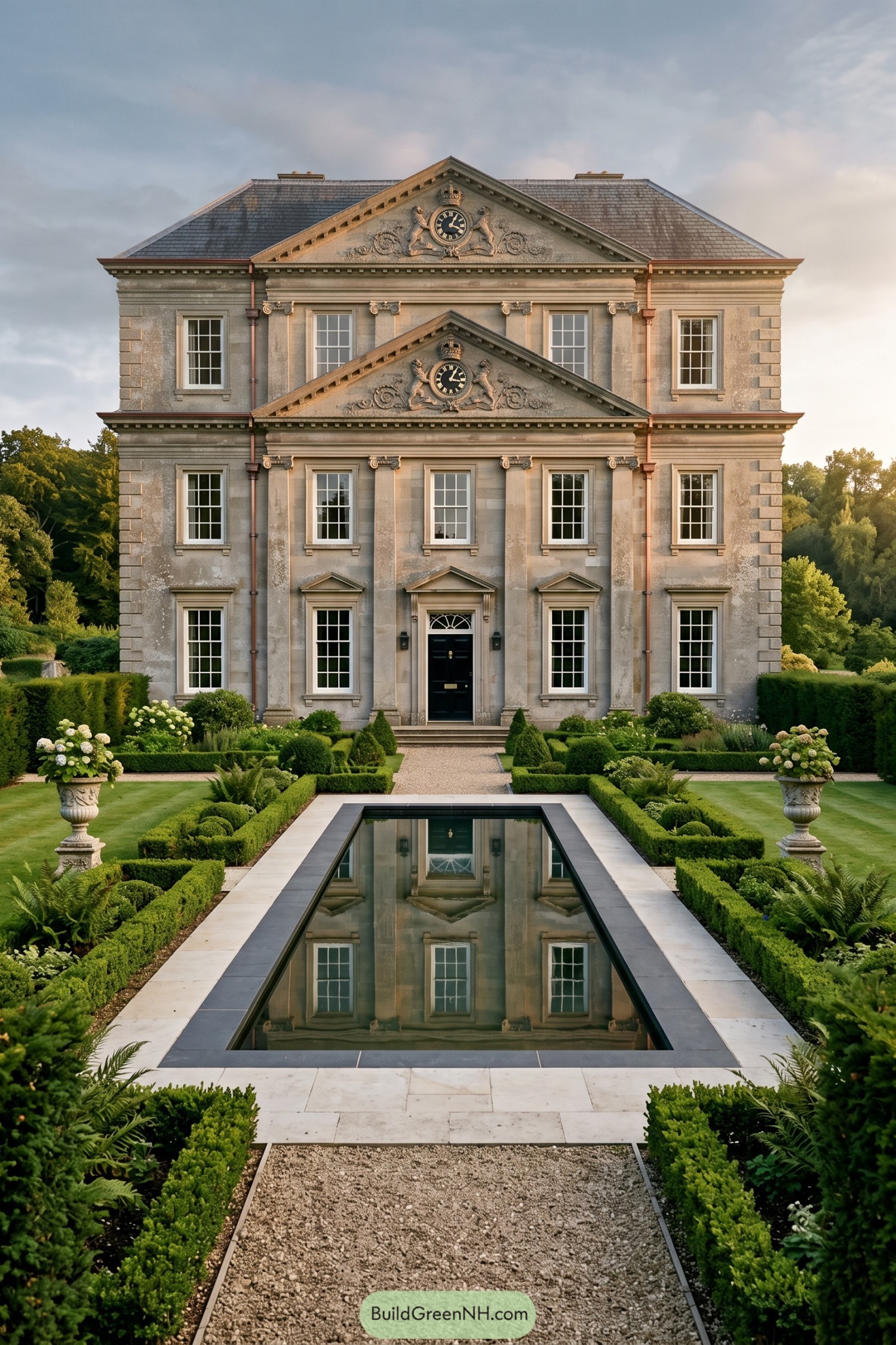 Formal Georgian manor with a central reflecting pool and clipped garden hedges