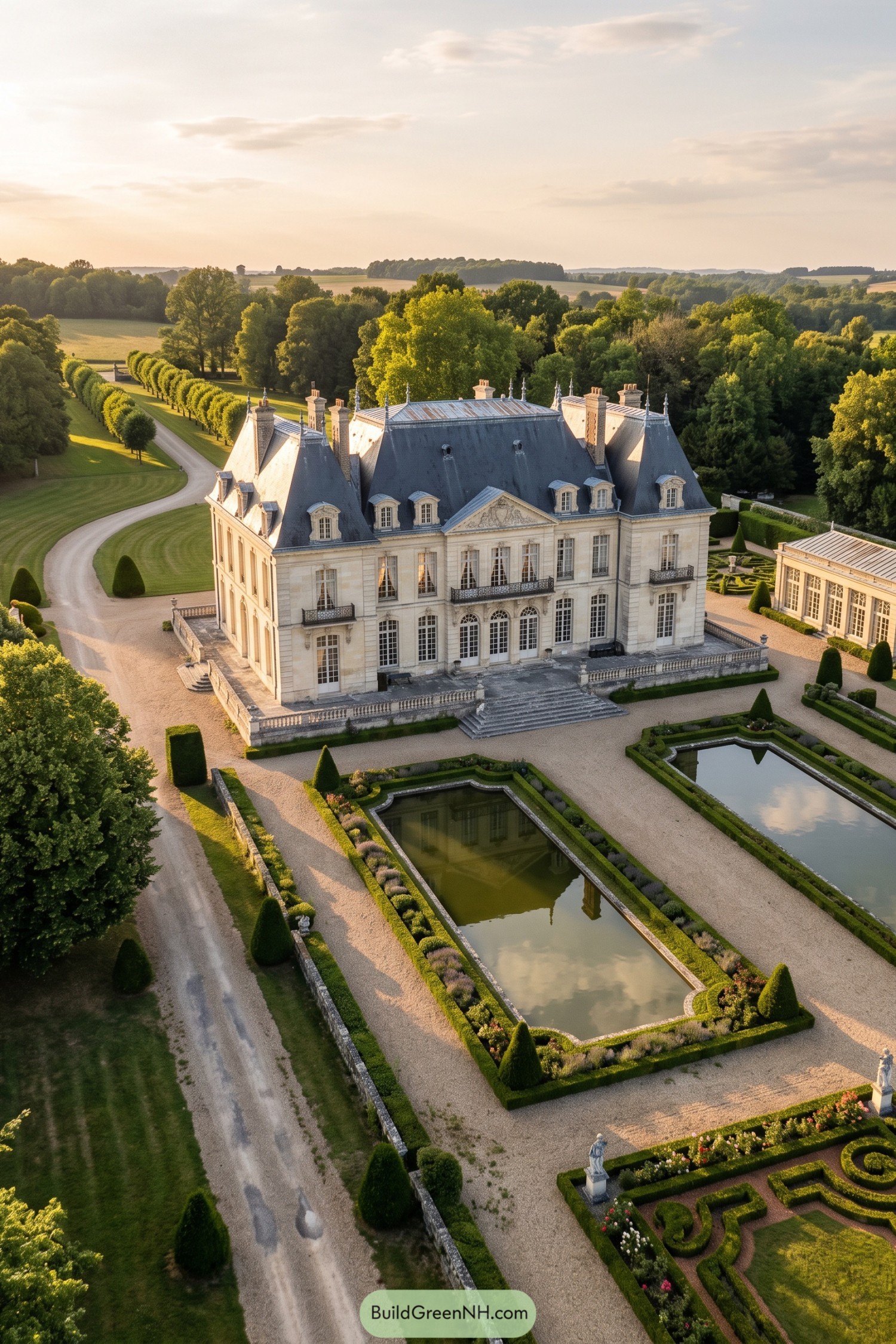 A French château framed by formal reflecting pools and gardens