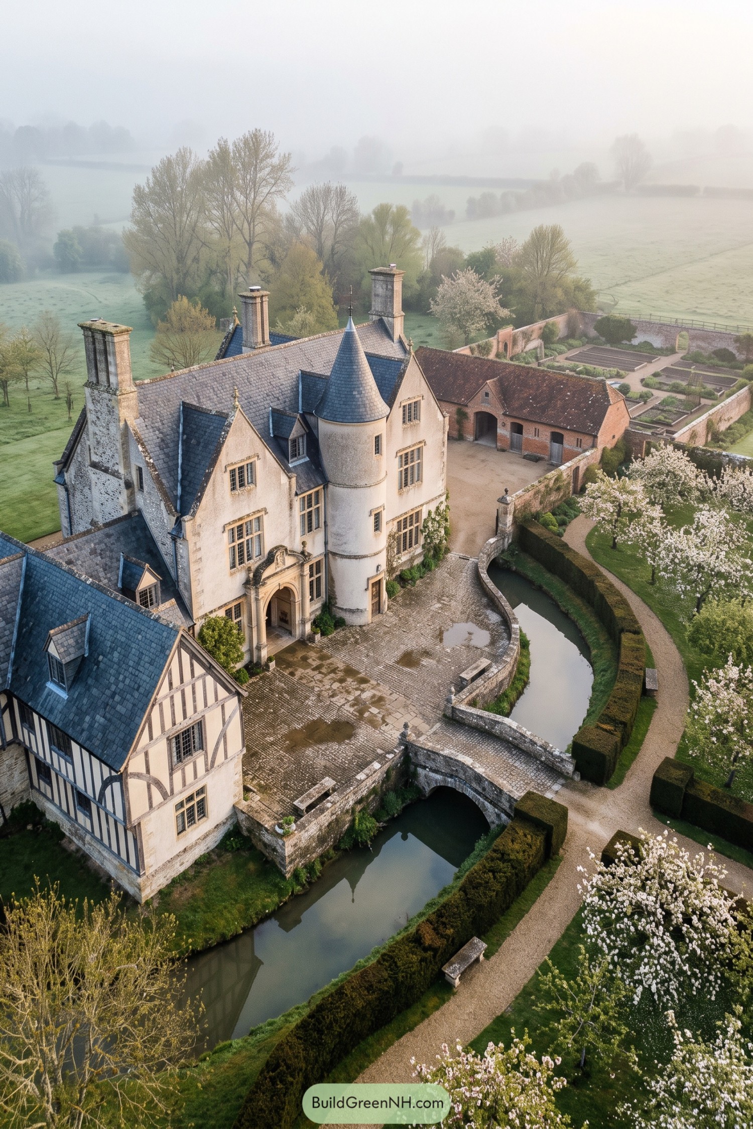 Stone manor with round tower bridge and clipped gardens