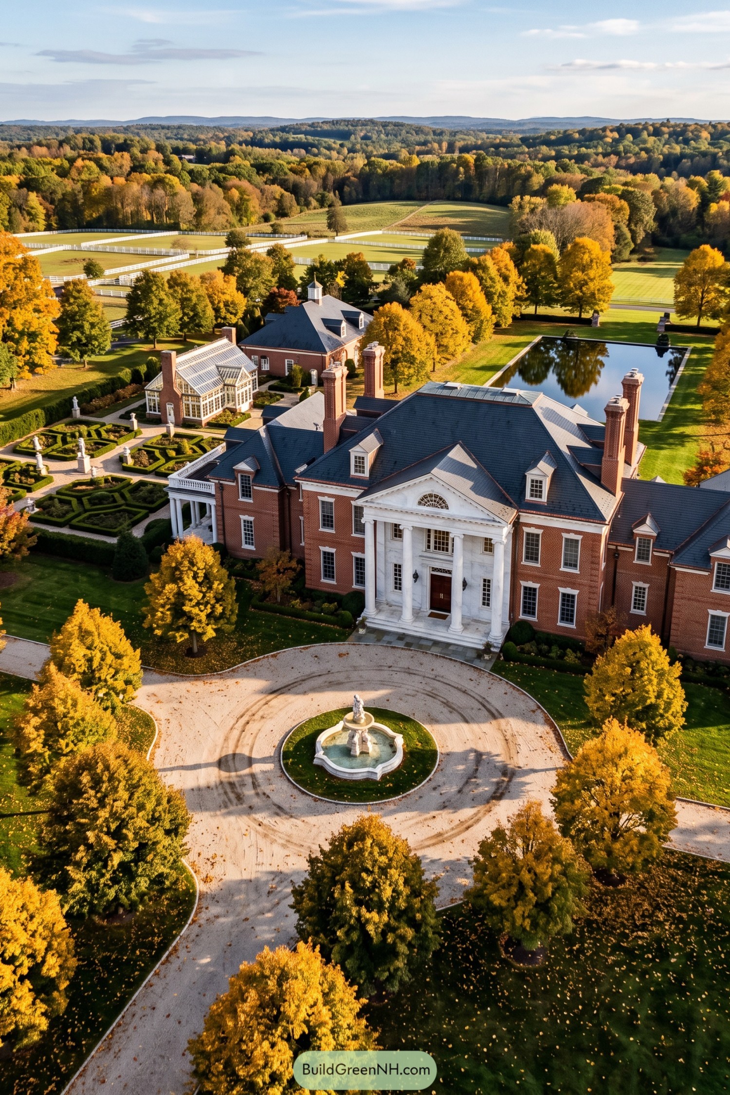 Brick Colonial mansion with a columned entry fountain garden and fenced paddocks