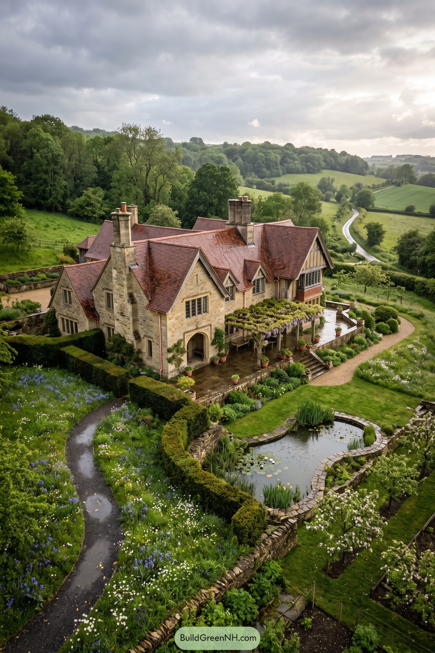 Stone Arts and Crafts country house with pond garden