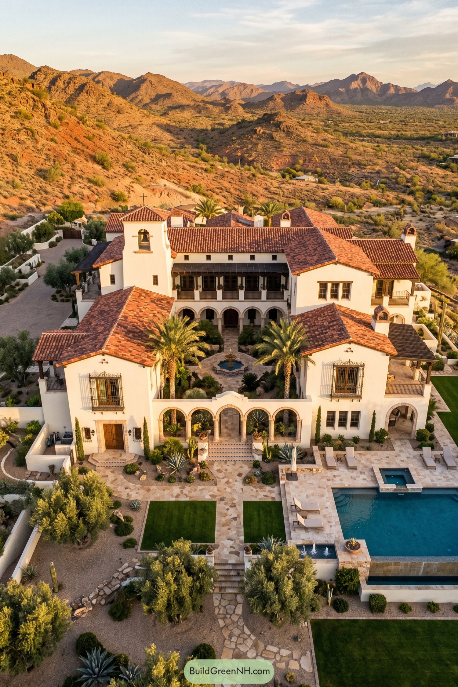Spanish Colonial estate with red tile roofs beside desert mountains