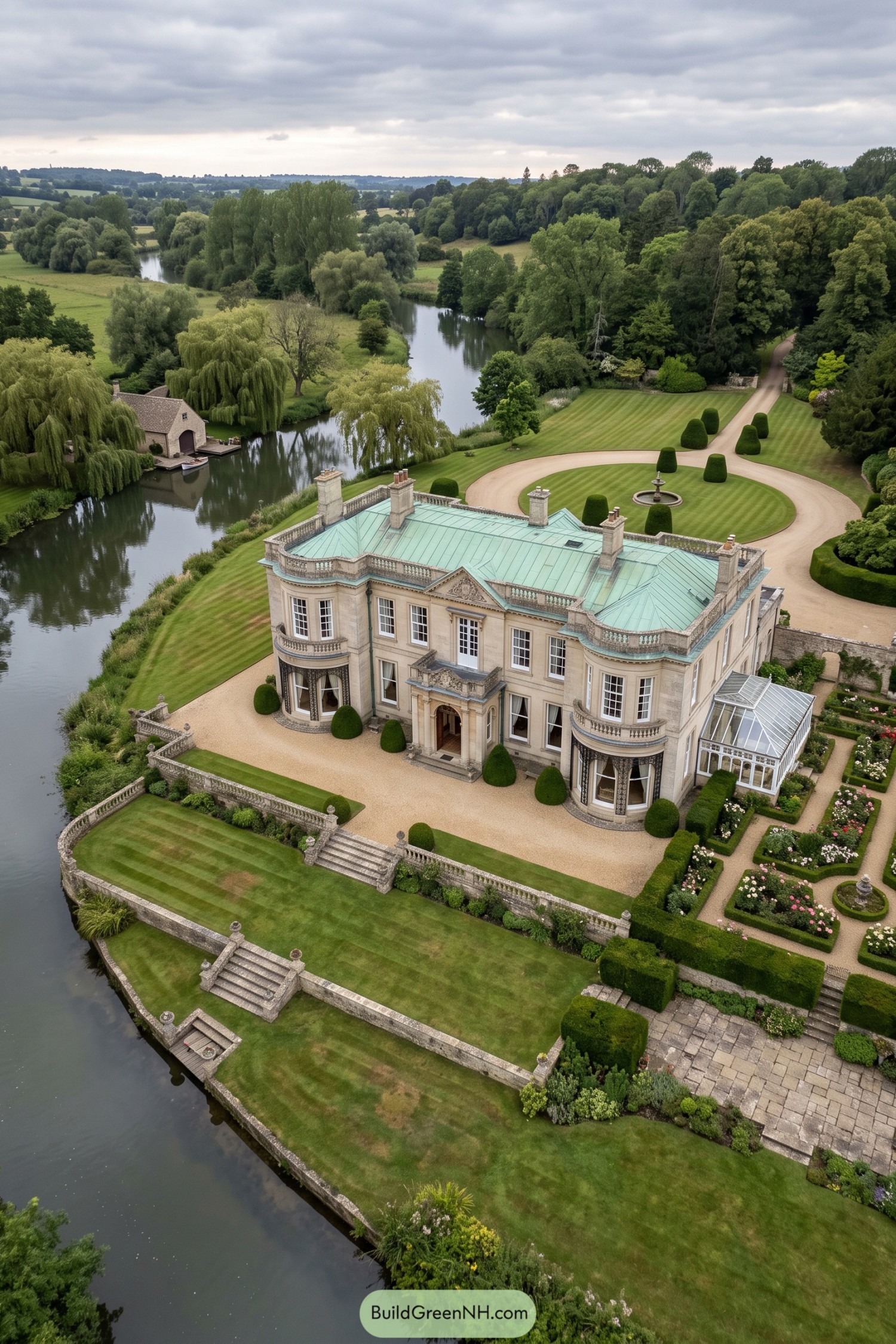 Stone mansion beside a river with formal lawns and gardens