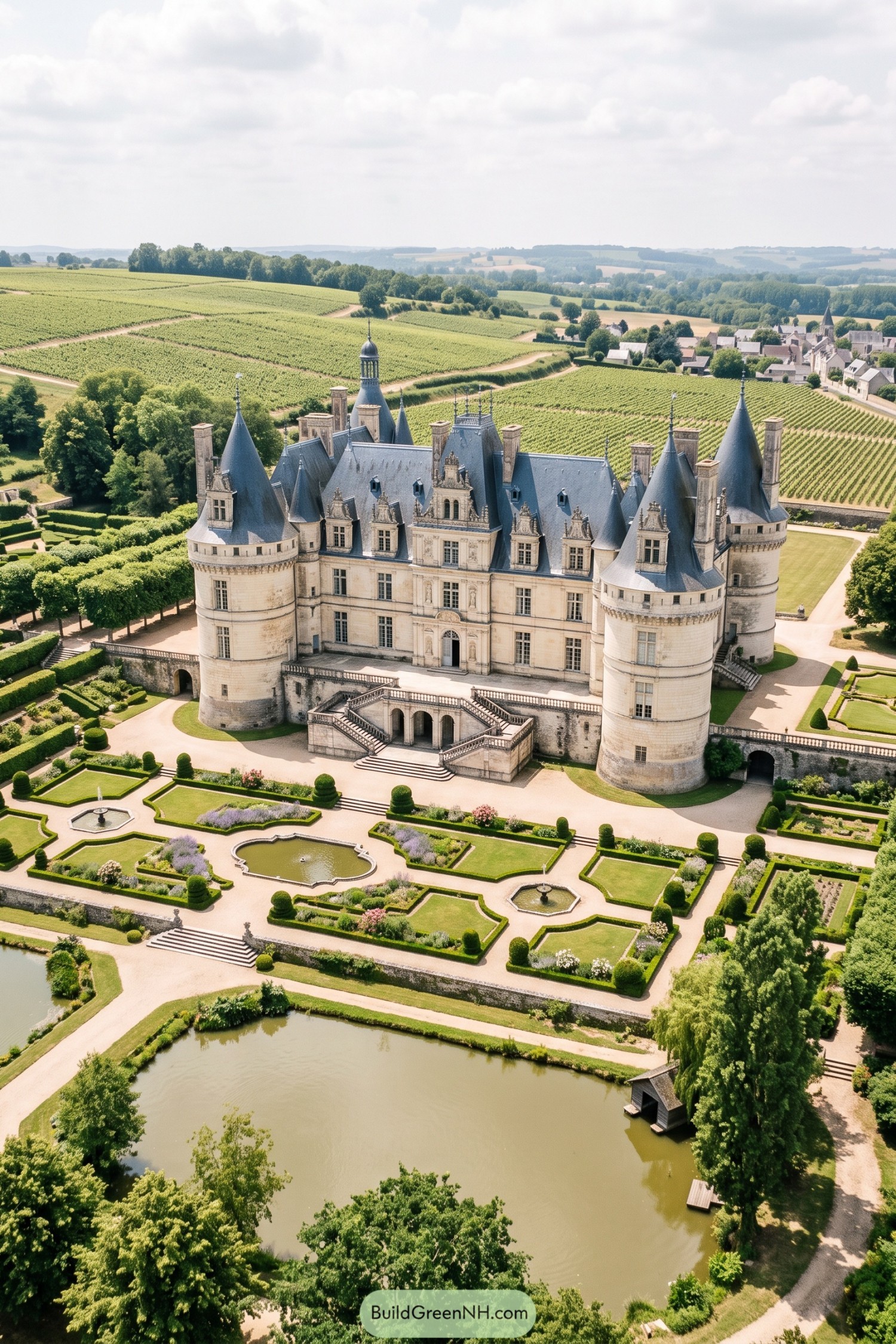 A turreted stone château with formal gardens and a pond