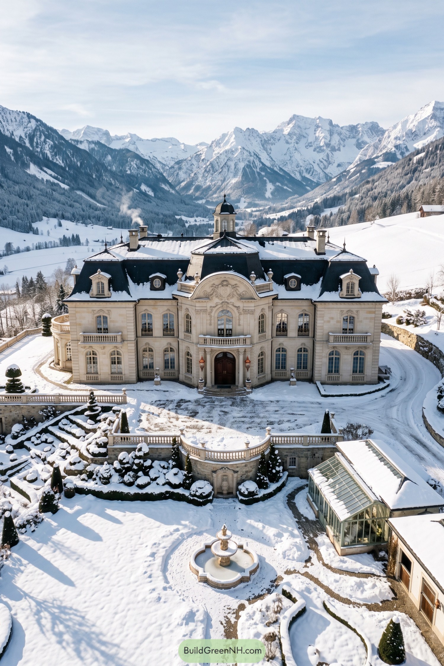 Snow-covered rococo villa overlooking an alpine valley