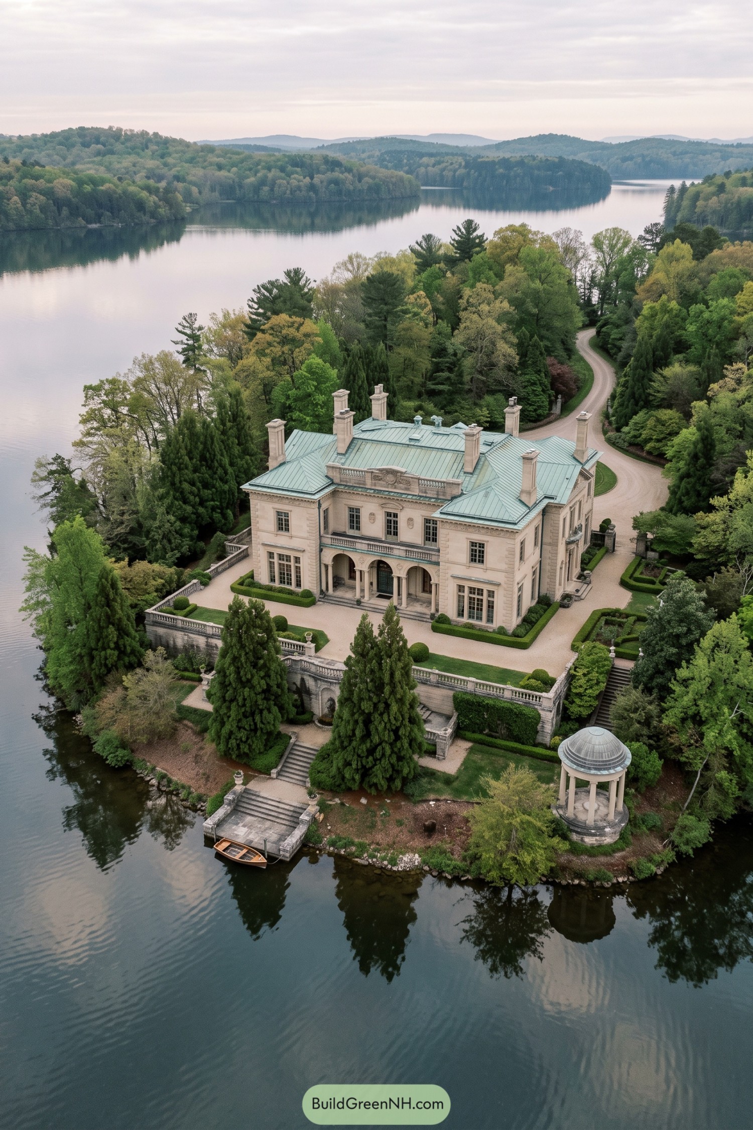 A neoclassical lakeside mansion with a columned portico and waterside pavilion