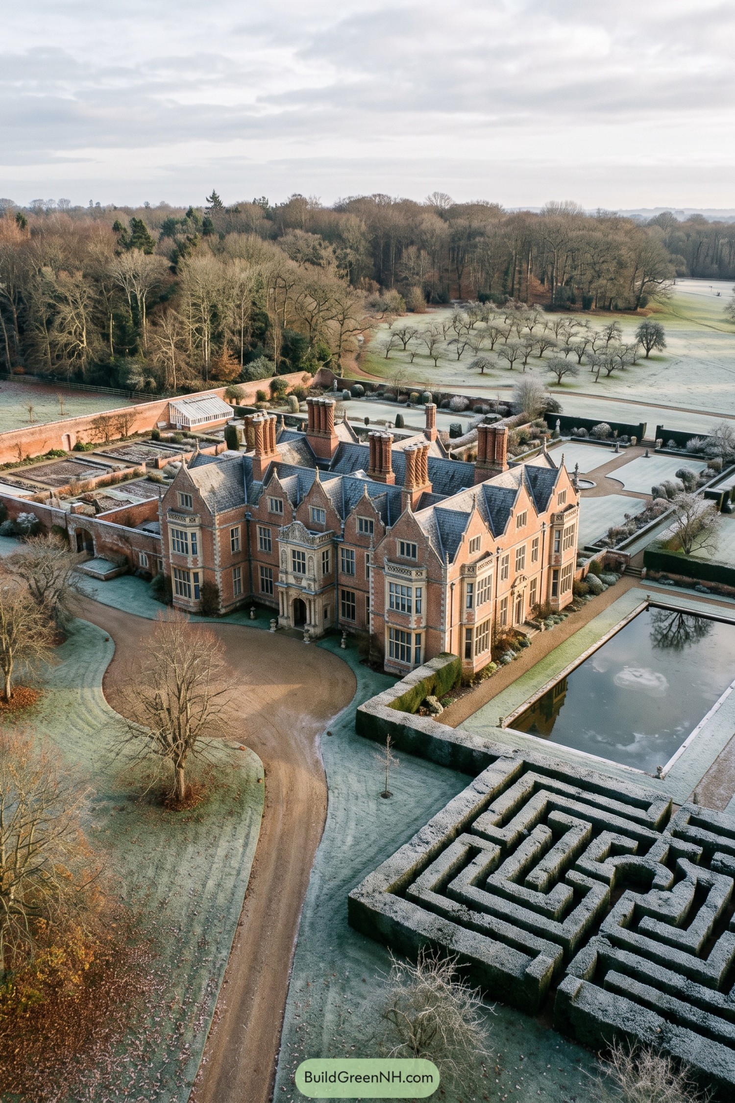 A red brick Jacobean mansion with formal hedges and reflecting pool