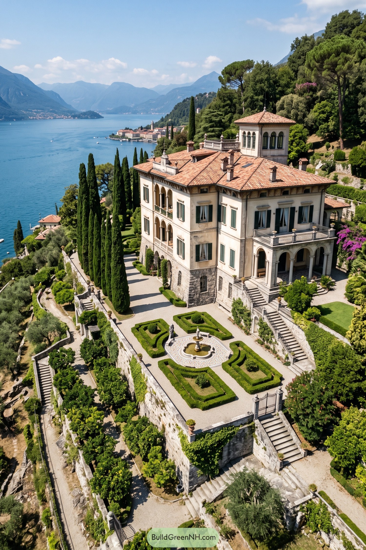 Italianate villa with terraced gardens overlooking a mountain lake