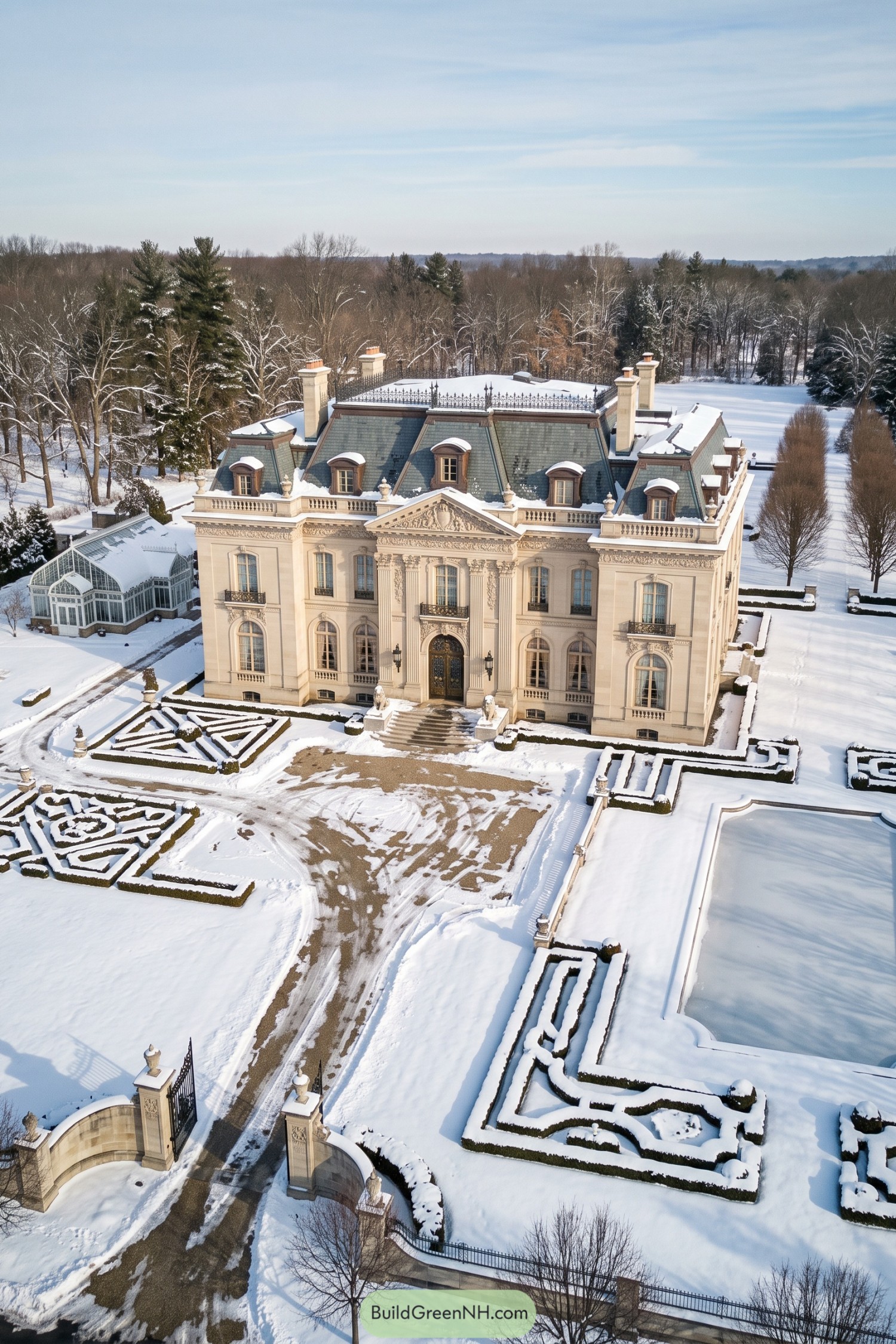 Snowy Beaux-Arts mansion with formal gardens and glass conservatory