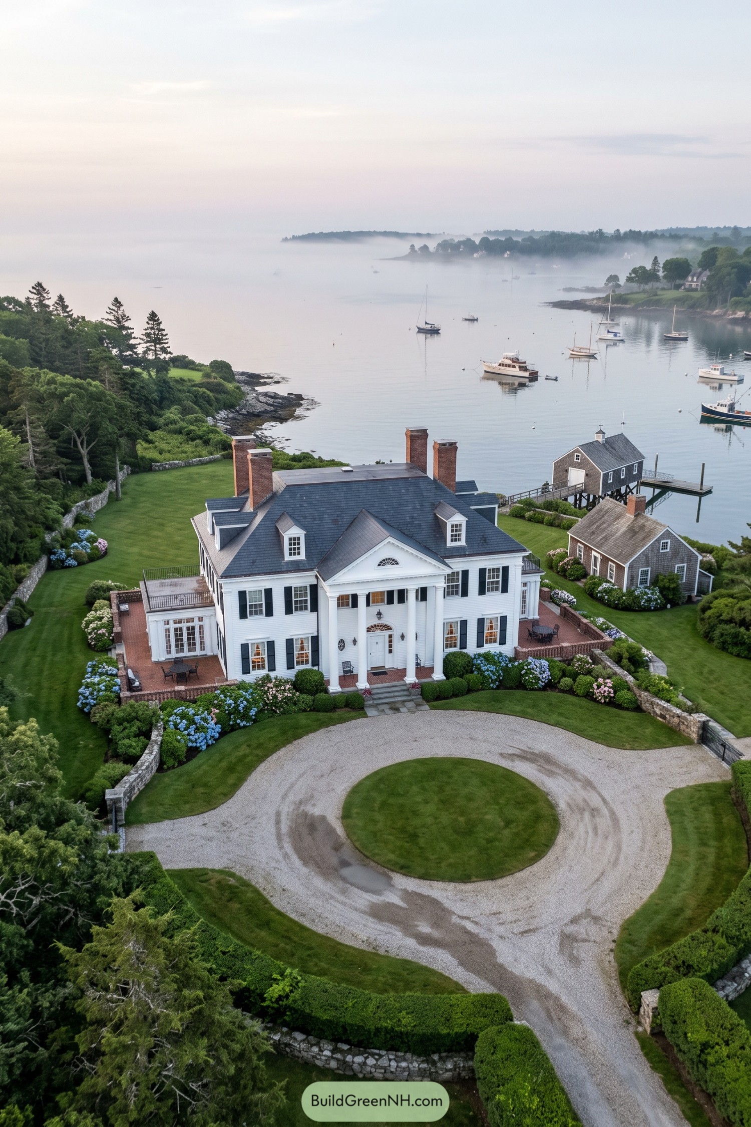 White-columned coastal manor overlooking a misty harbor