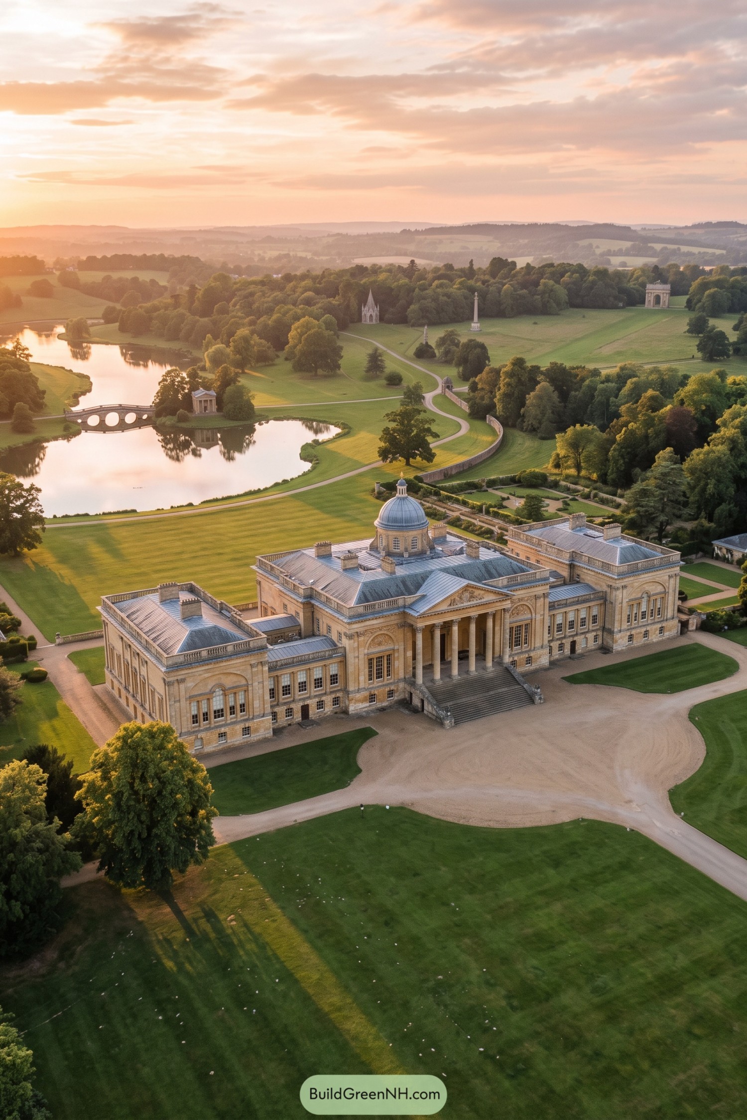 Palladian mansion overlooking a lake bridge and garden follies