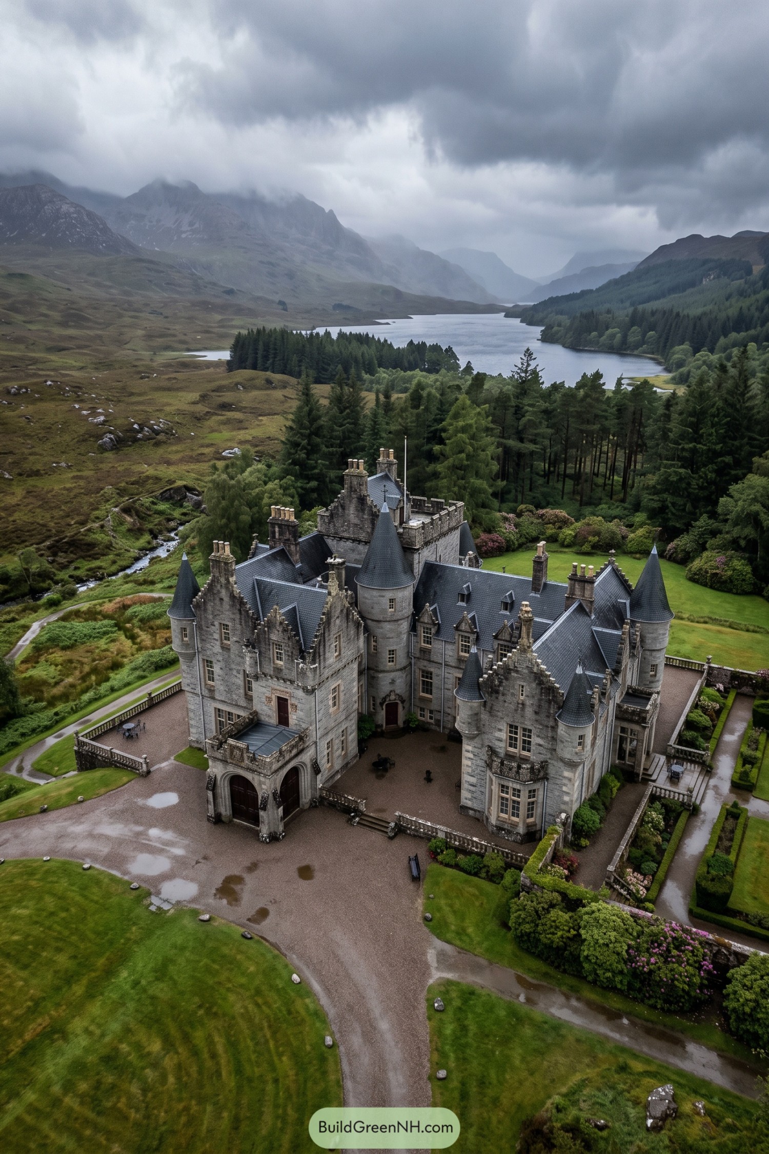 Stone Scottish Baronial castle beside a misty loch