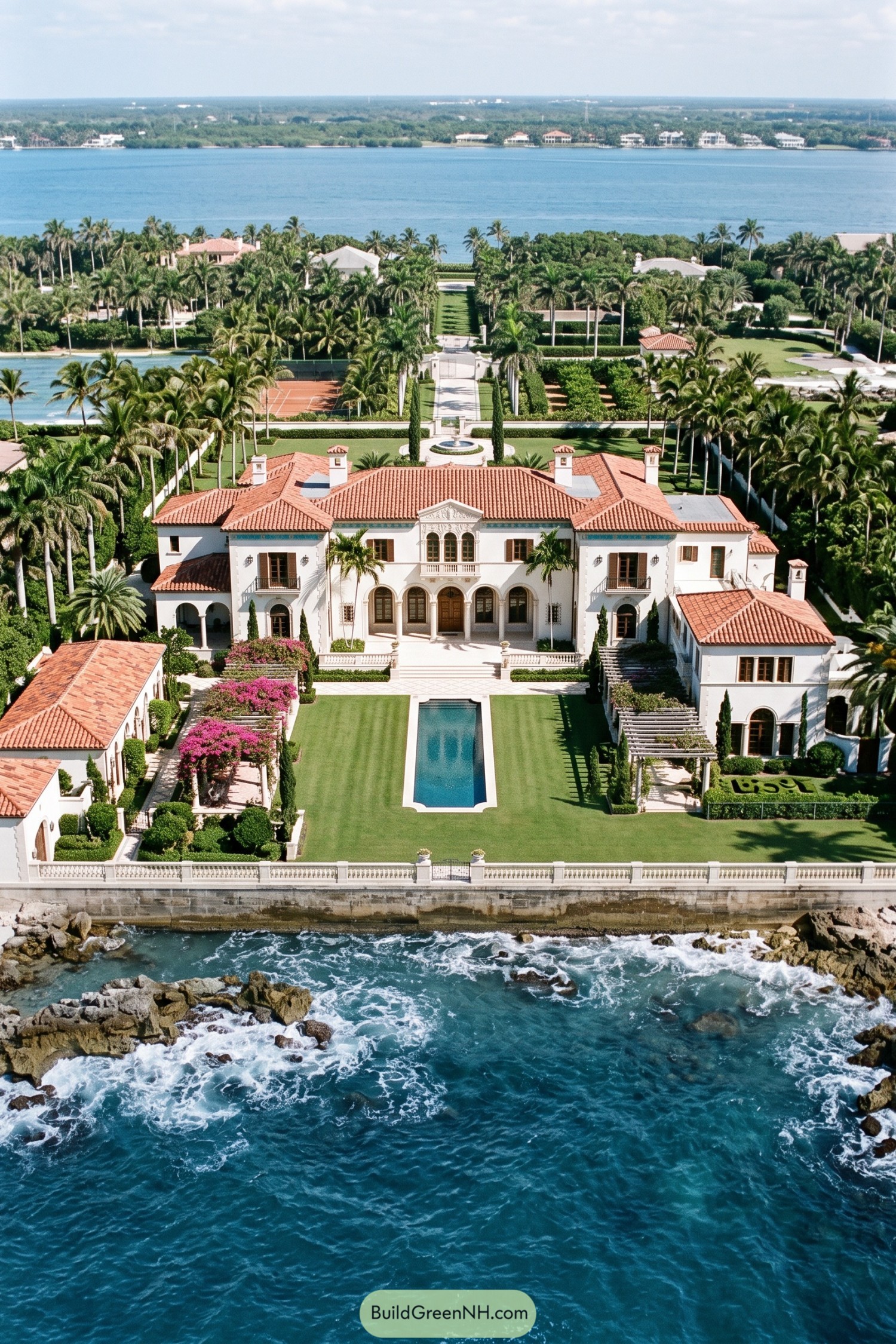 A white stucco villa with terracotta roofs beside a formal pool and ocean