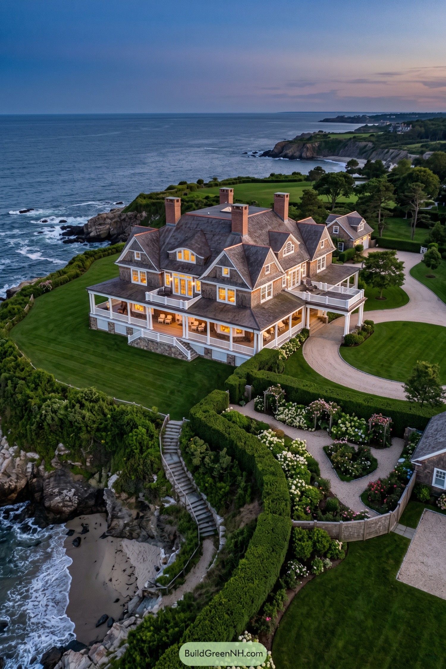 Shingle-style coastal estate overlooking rocky shoreline
