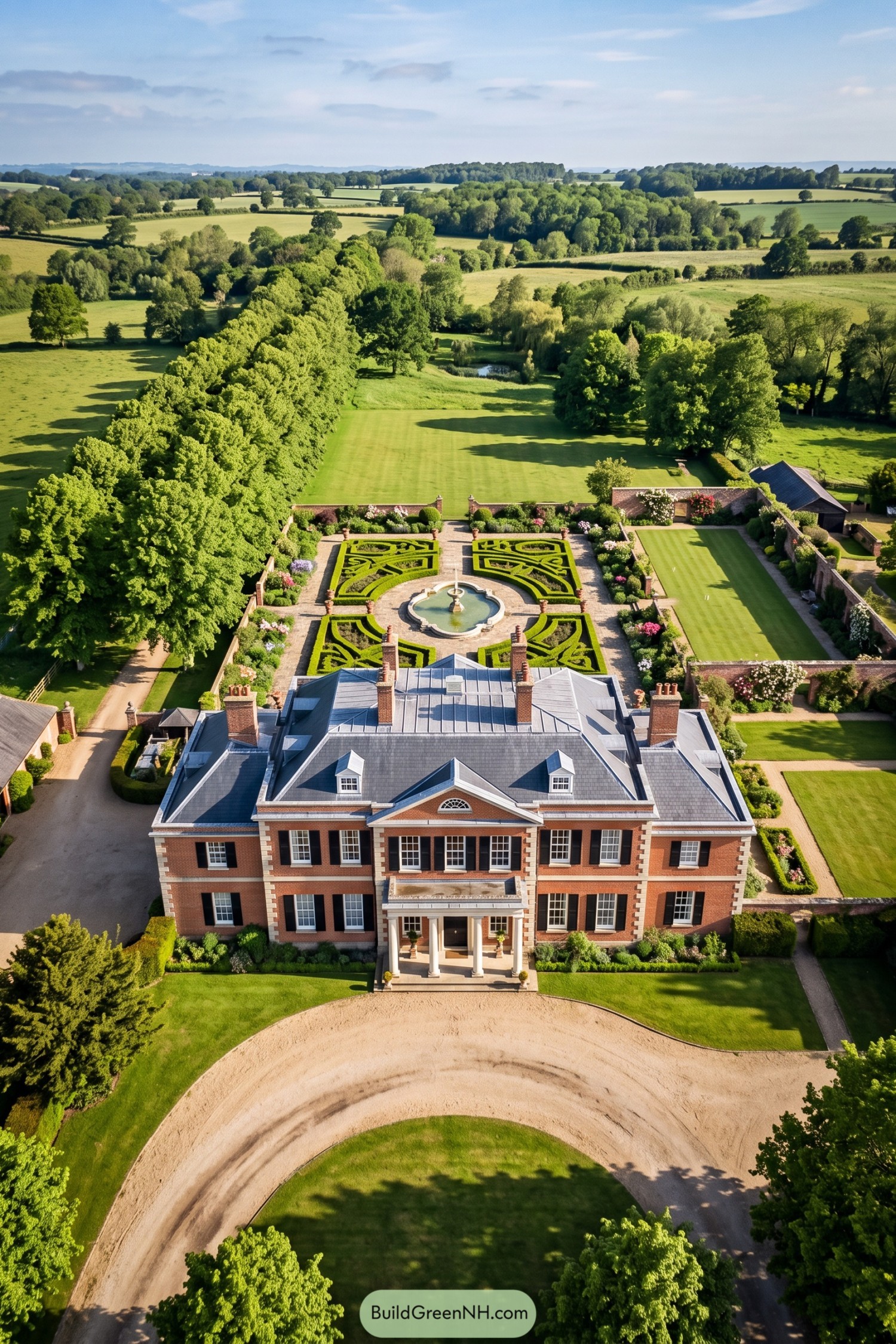 Aerial view of brick Georgian manor and formal gardens