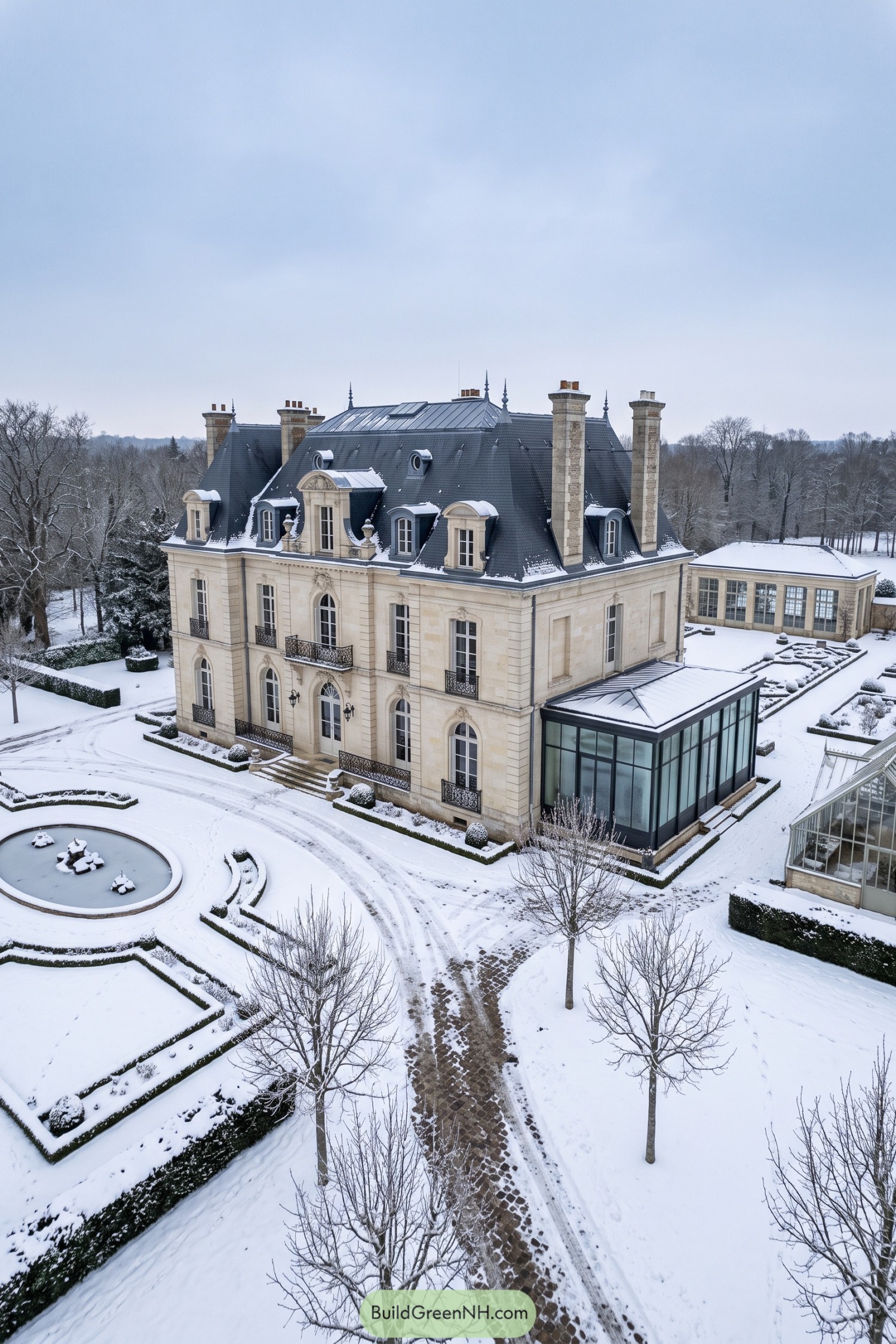 French-inspired limestone manor with glass conservatory in snow