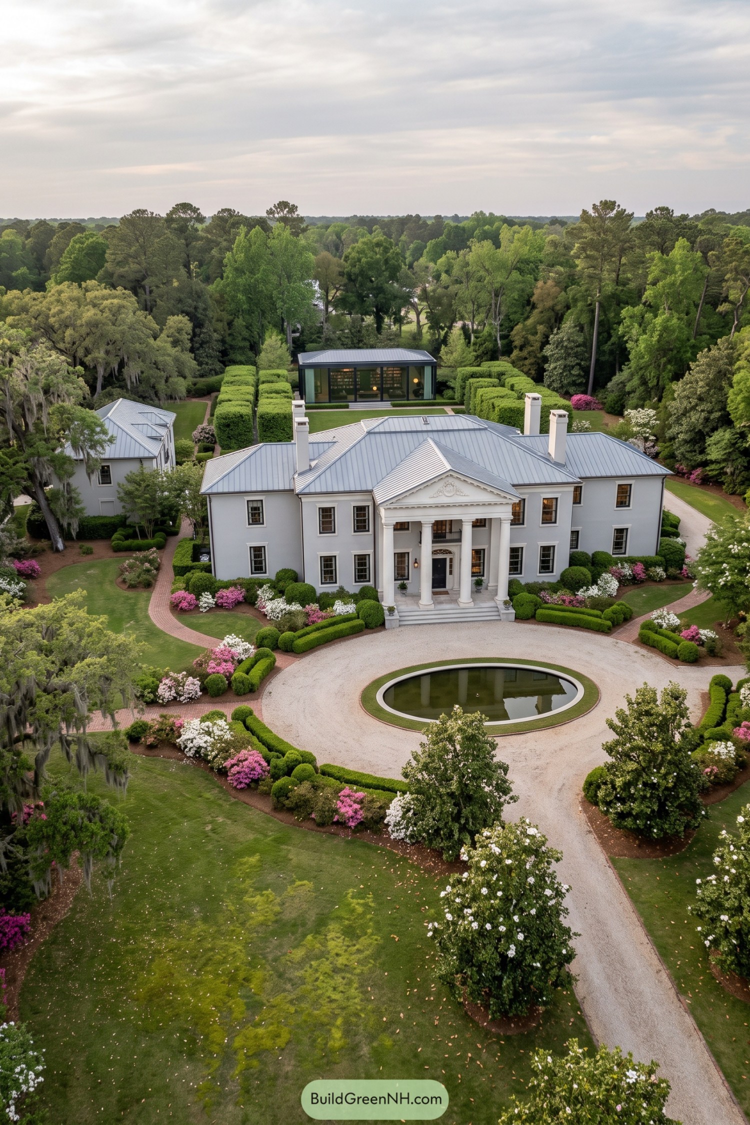 Neoclassical estate with columned portico and circular reflecting pool