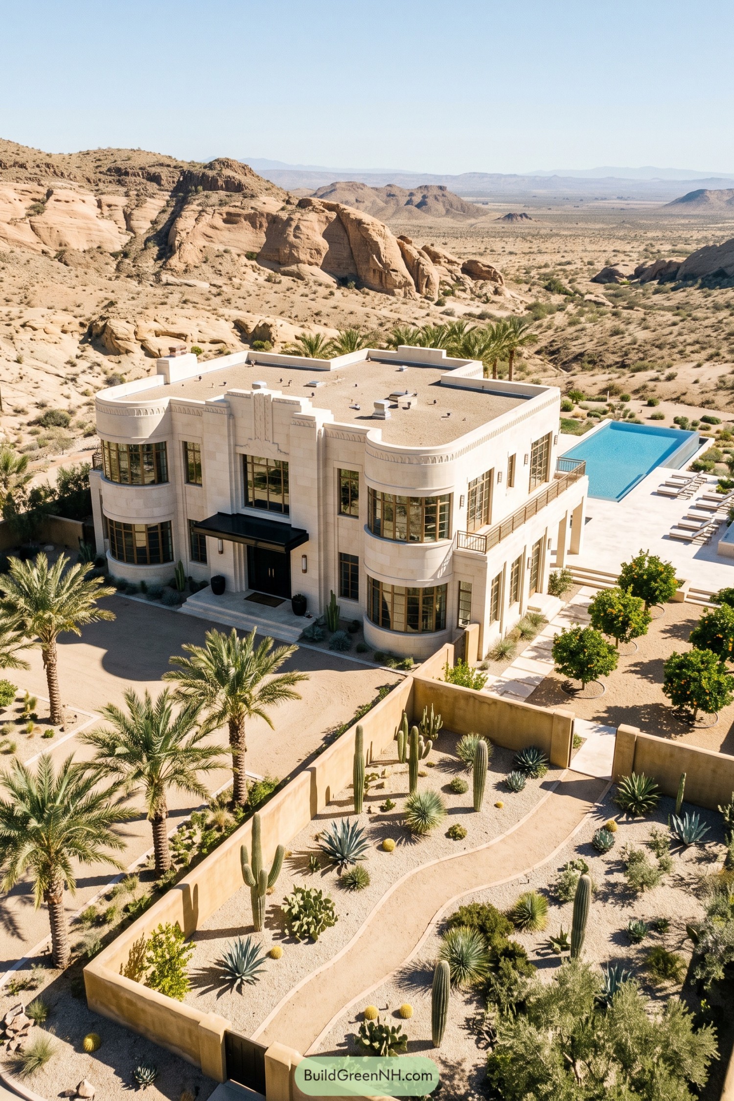 Art Deco villa with pool in desert landscape