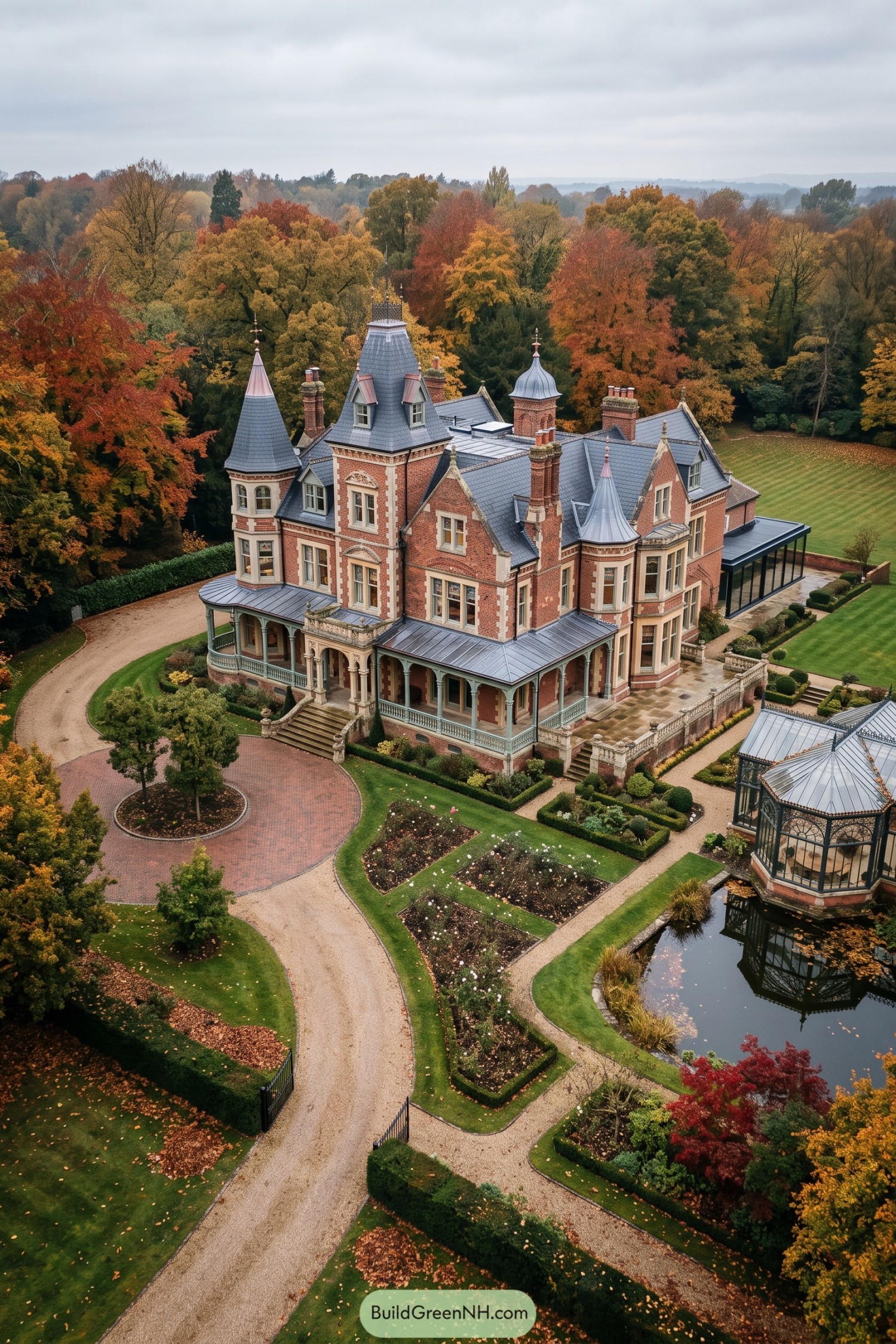 Brick Second Empire mansion with turrets and glass conservatory