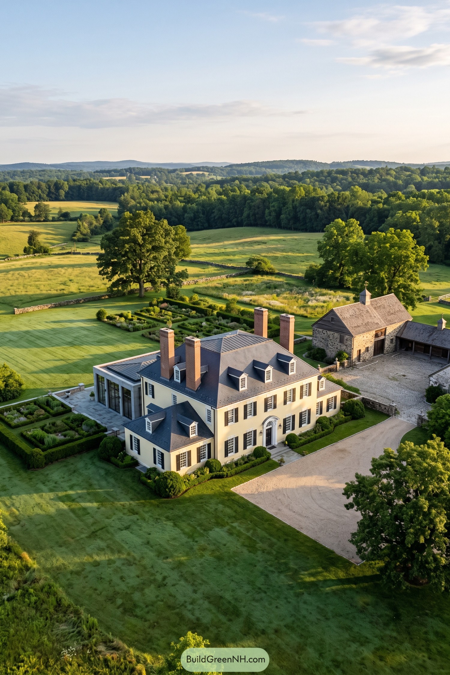 Federal style country estate with glass addition and stone outbuildings