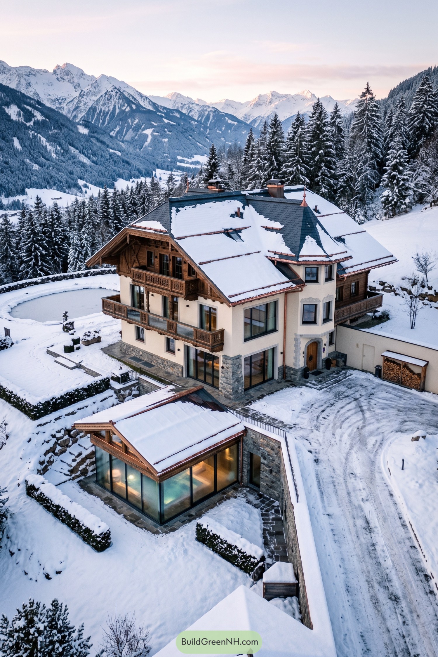 Snow-covered alpine chalet with carved timber balconies and a glass spa pavilion