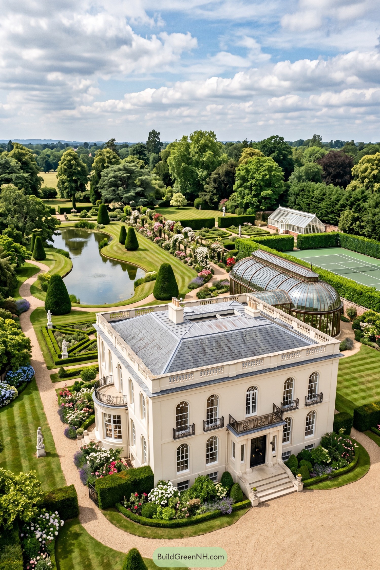 Cream Regency mansion beside formal gardens pond glasshouses and tennis court