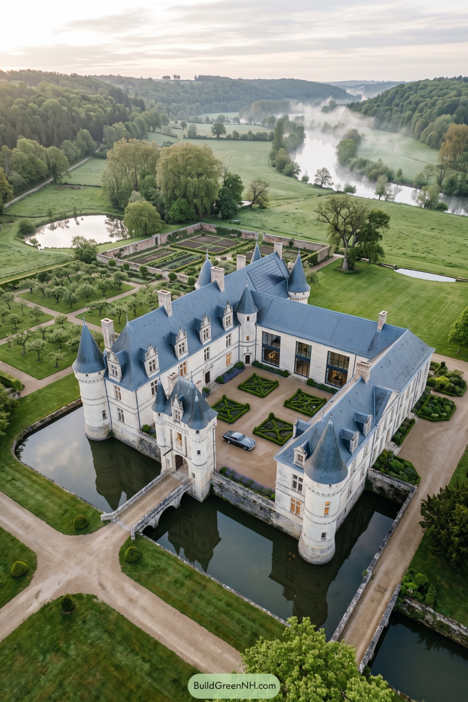 A stone château with turrets beside a moat and formal gardens