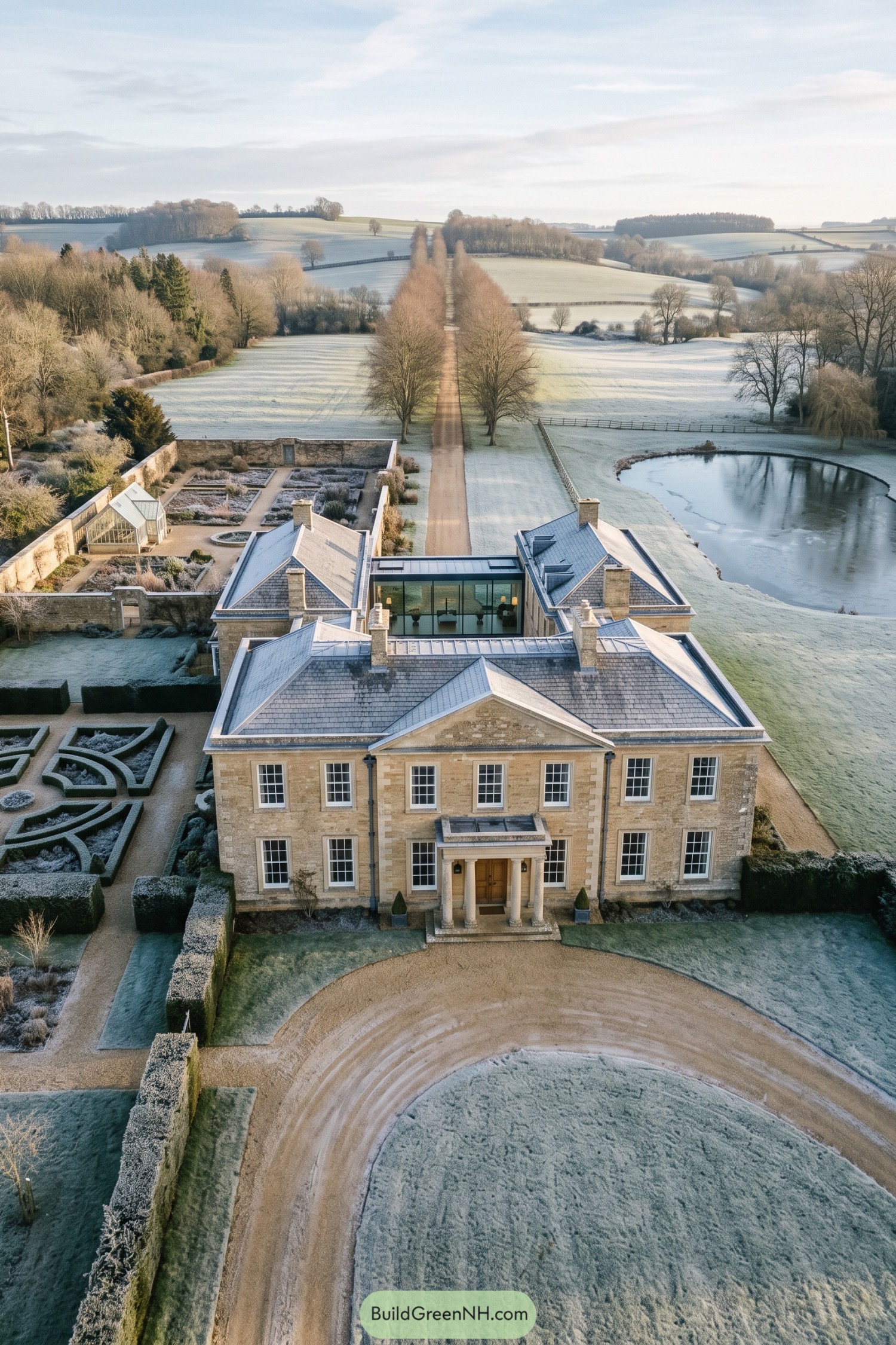 A stone country estate with formal gardens and a frozen pond