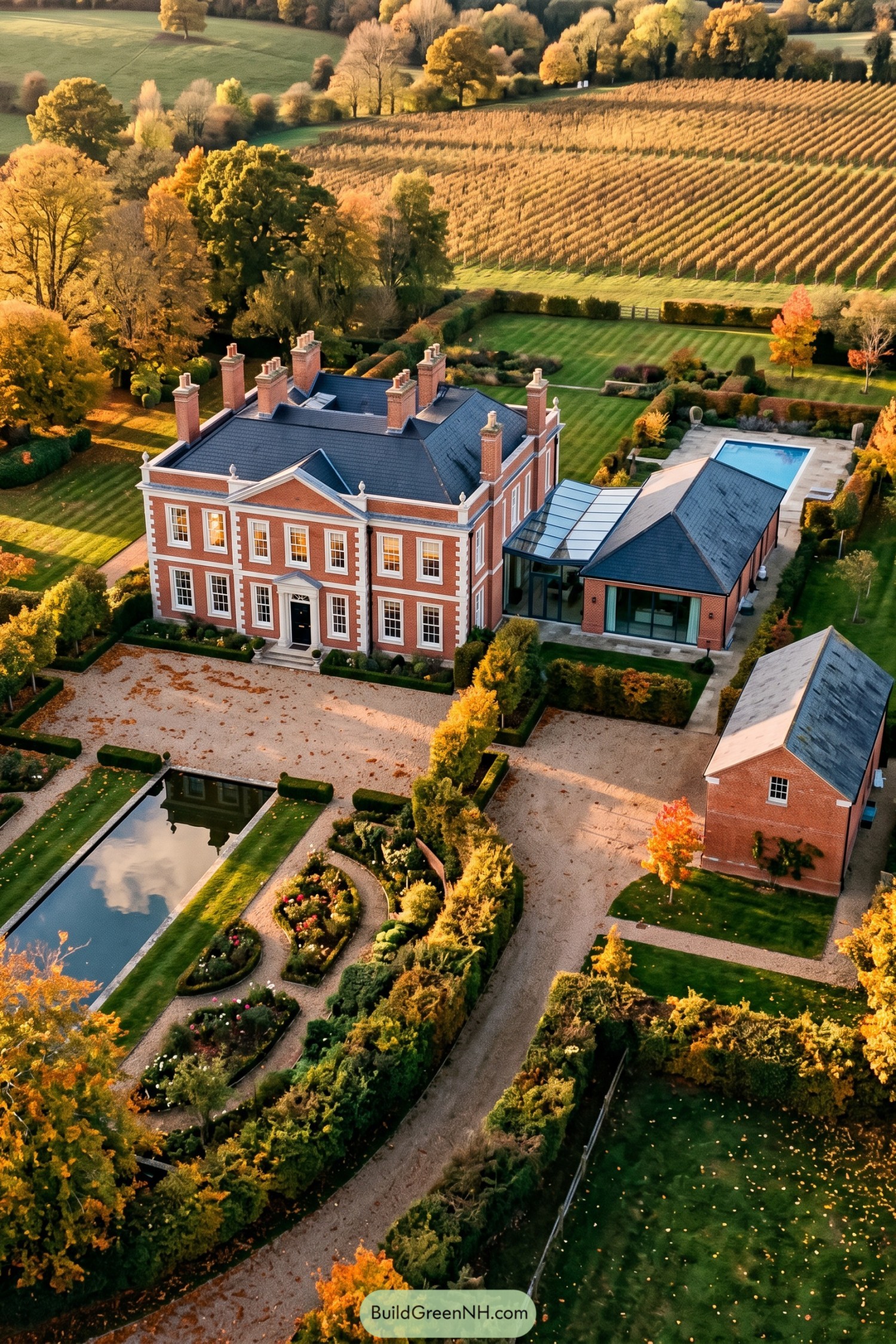 Brick manor beside vineyard rows with pool and formal gardens
