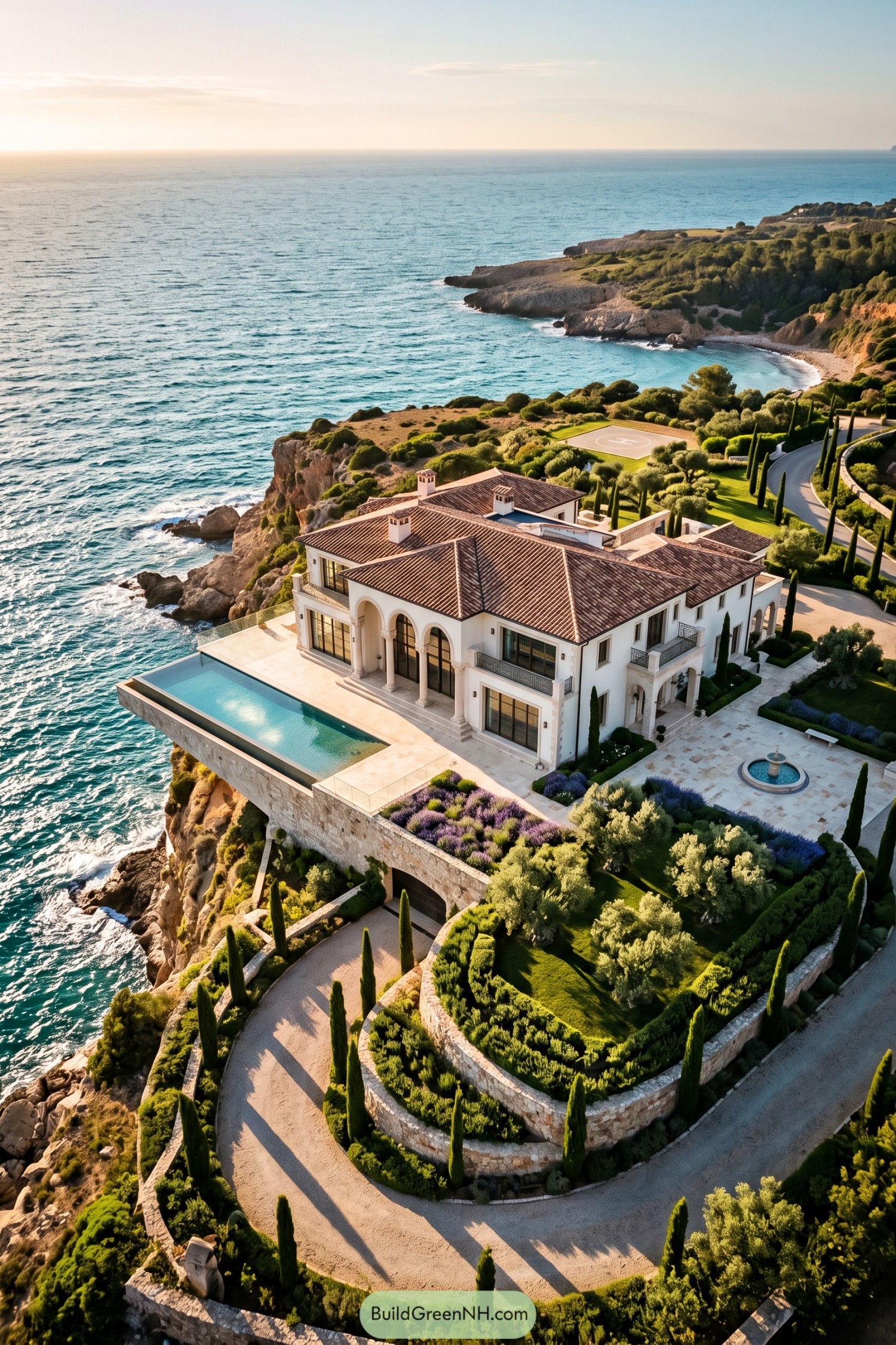 Cliffside Mediterranean villa with infinity pool and cypress gardens