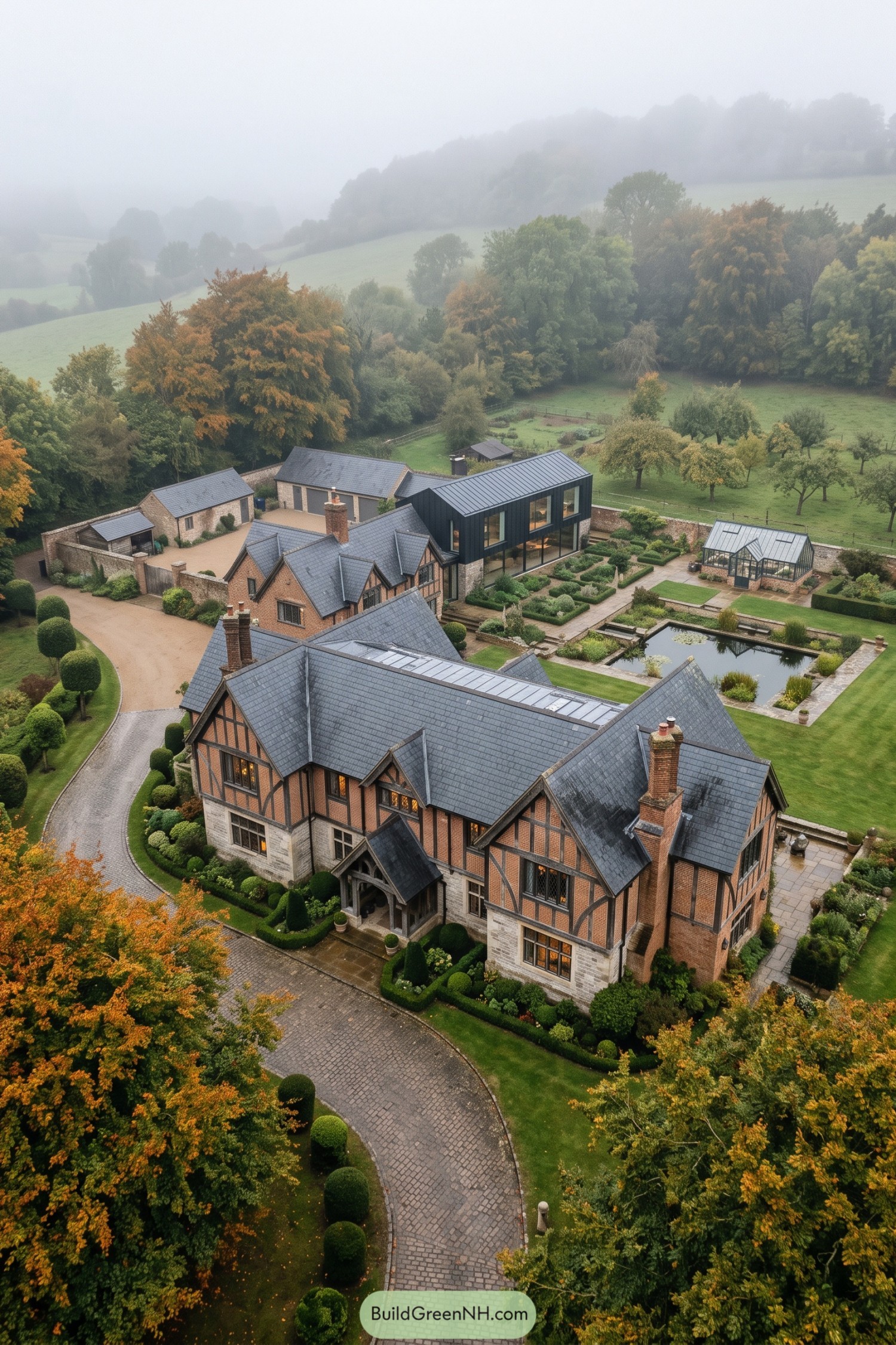 Tudor manor with glass extension and formal gardens