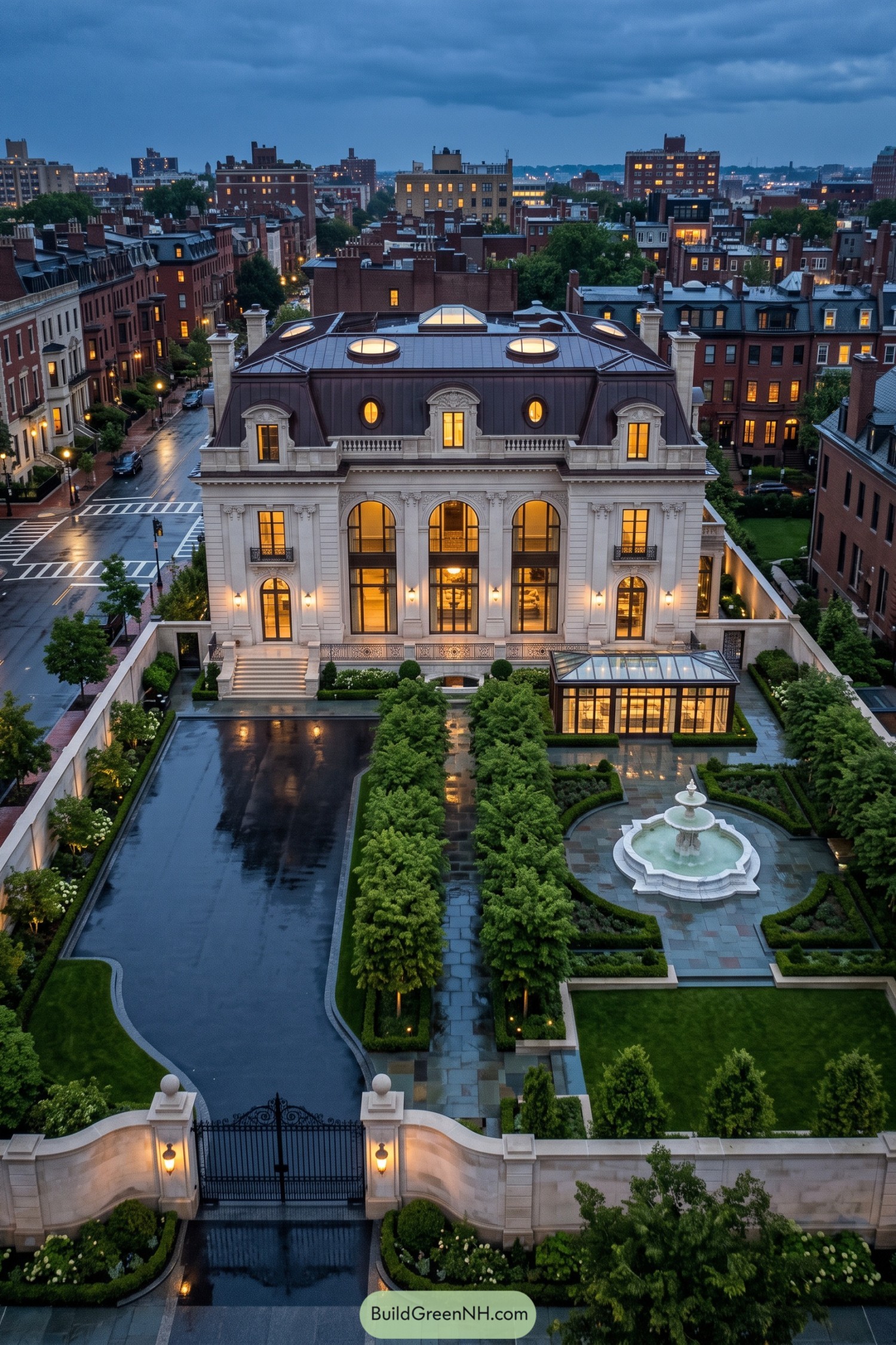 Grand limestone townhouse with glazed garden pavilion and fountain