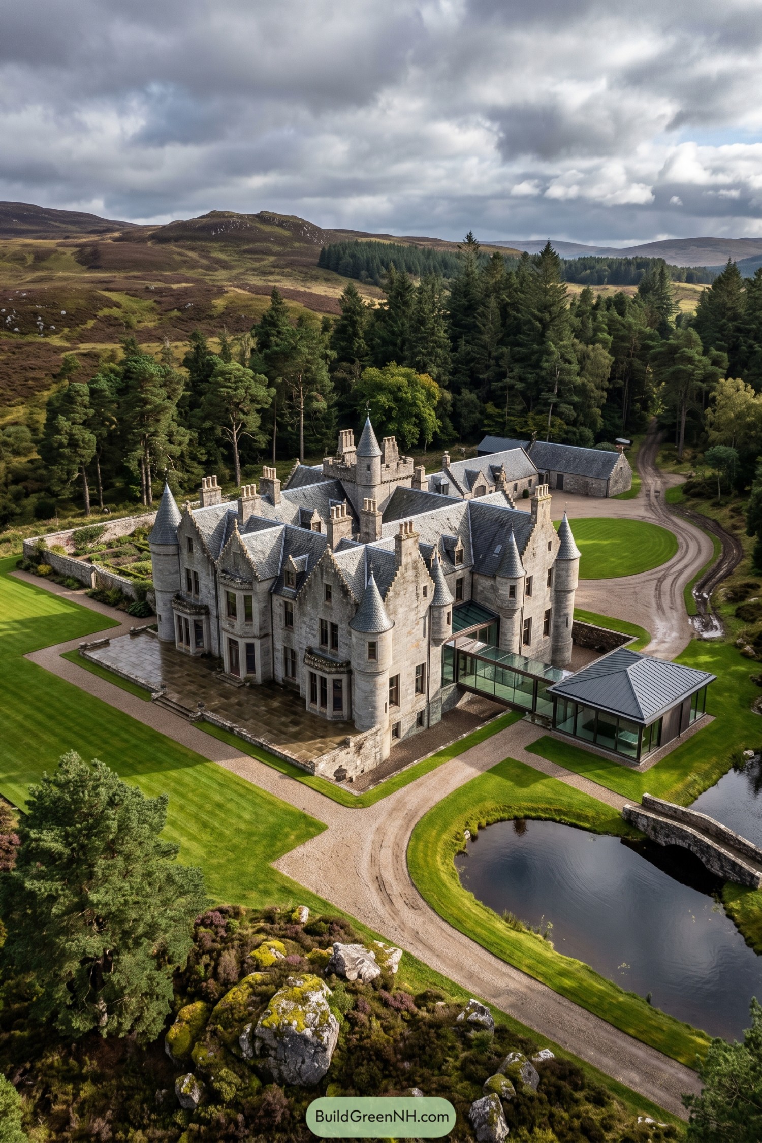 Stone Baronial castle with glass pavilion beside a loch