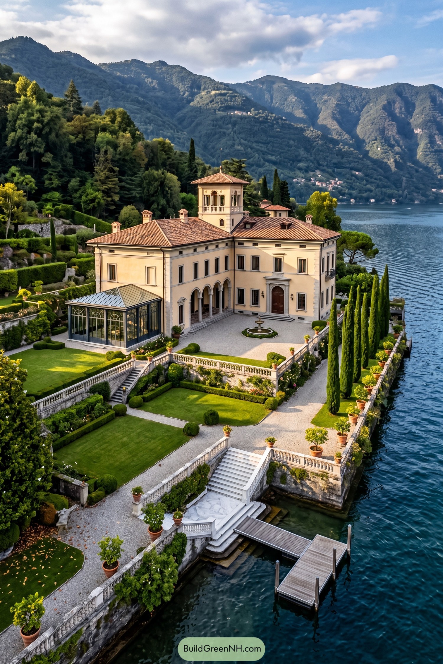 Italianate lakeside villa with cypress gardens and private dock