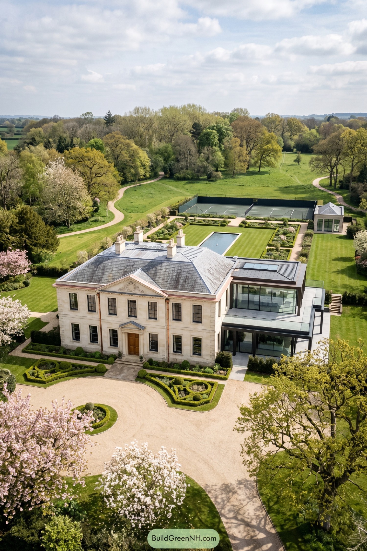 Neoclassical mansion with modern glass wing and formal grounds