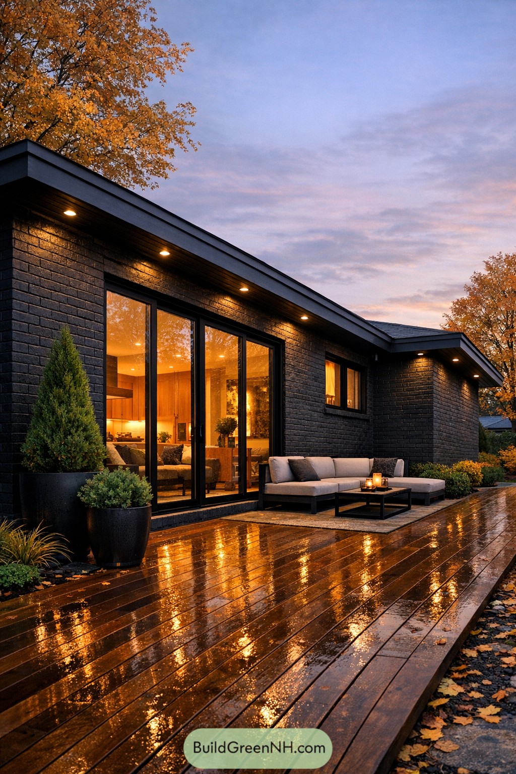 Dark painted brick ranch with wet deck