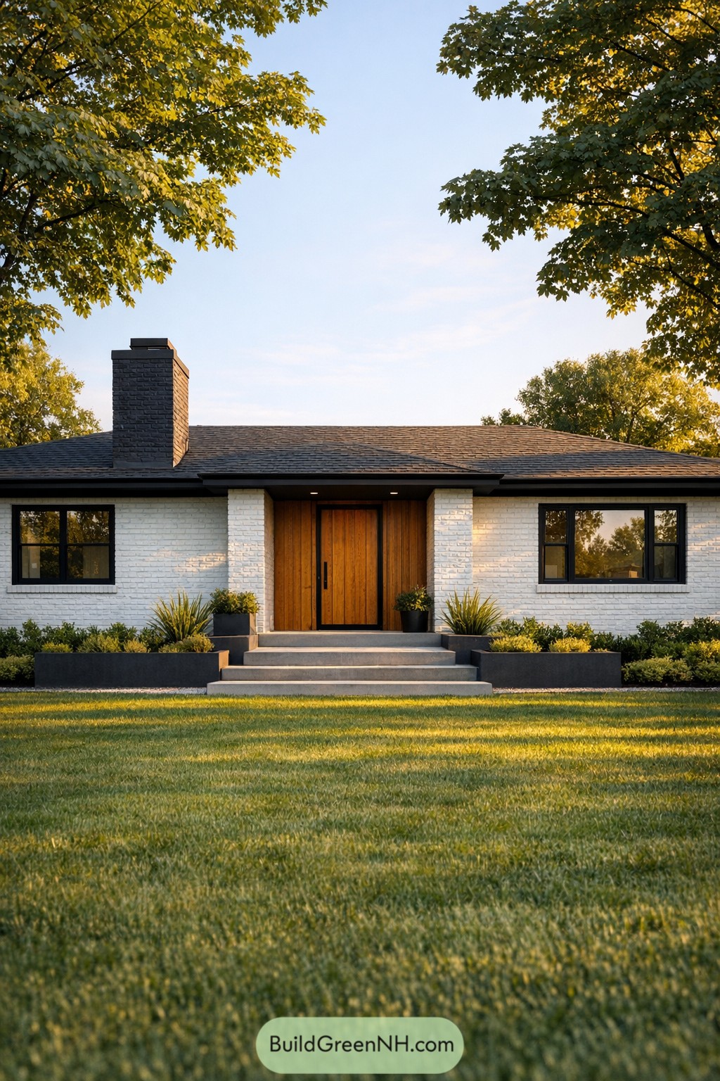 White painted brick ranch with black trim and wood door