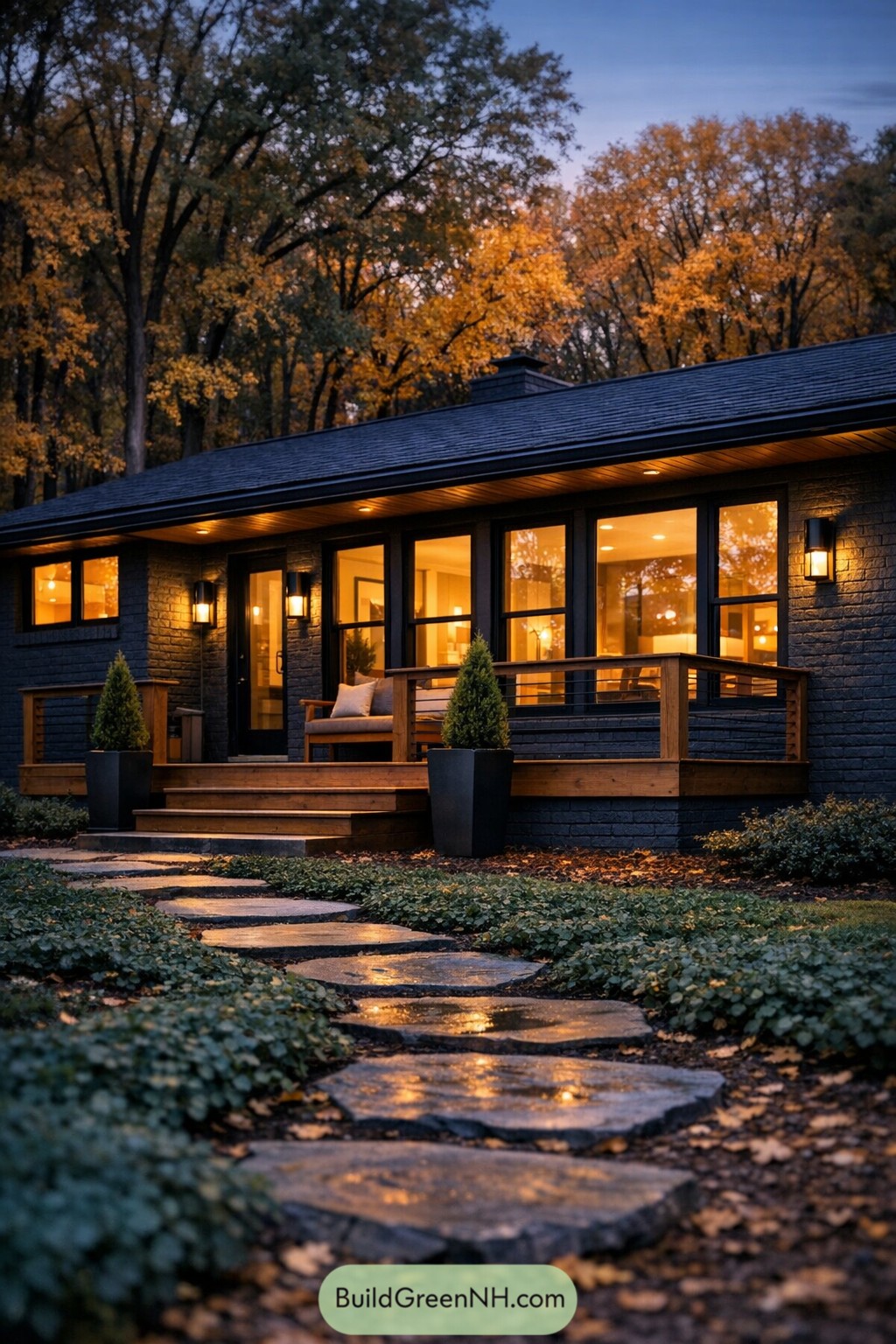 Charcoal painted brick ranch with wood deck