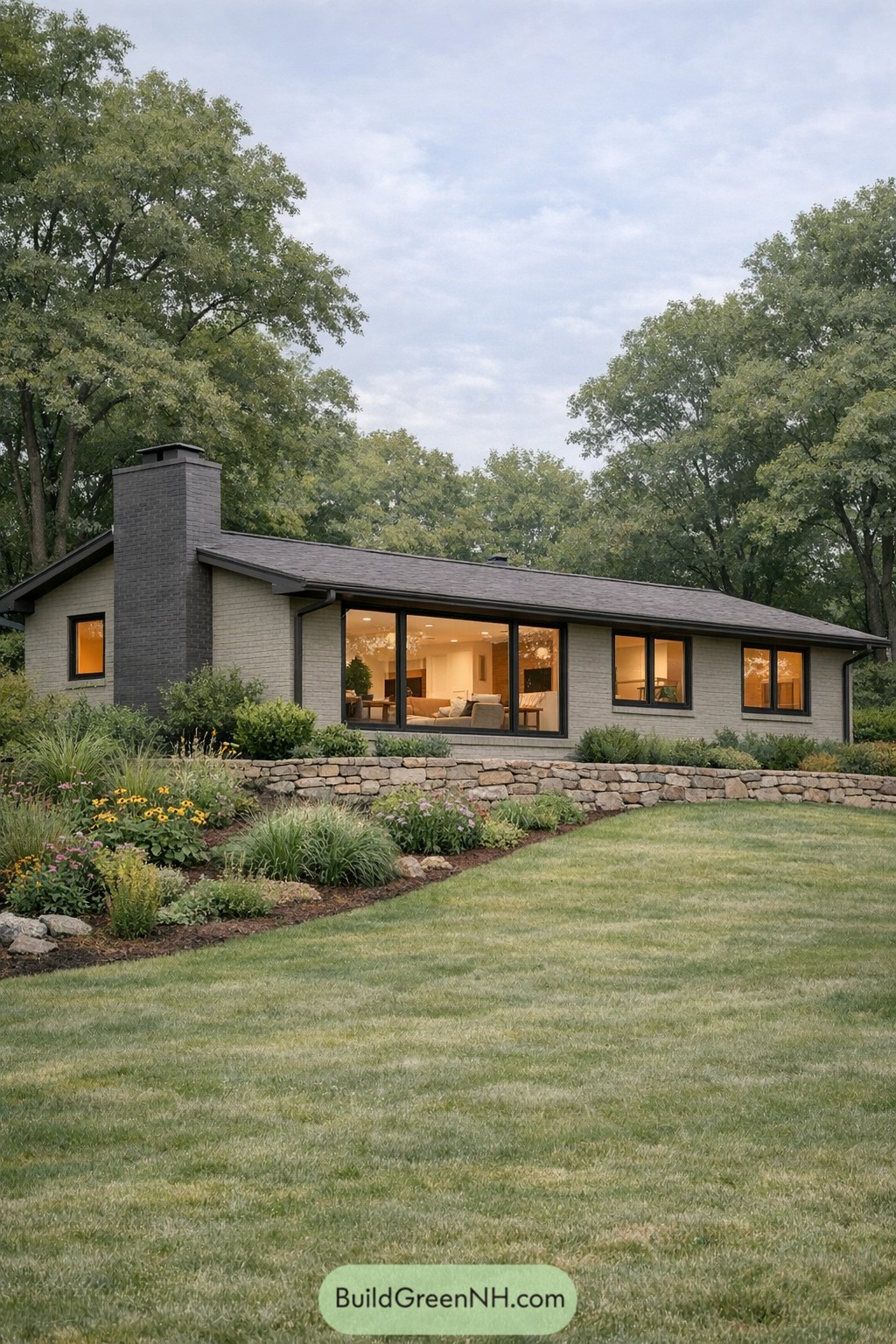 Painted brick ranch with black trim and stone garden wall