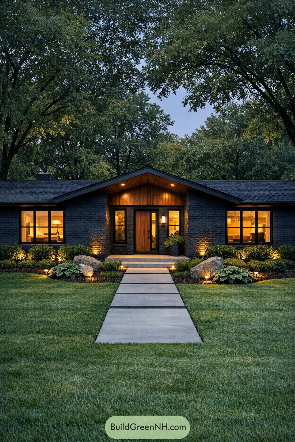 Charcoal painted brick ranch with warm wood entry