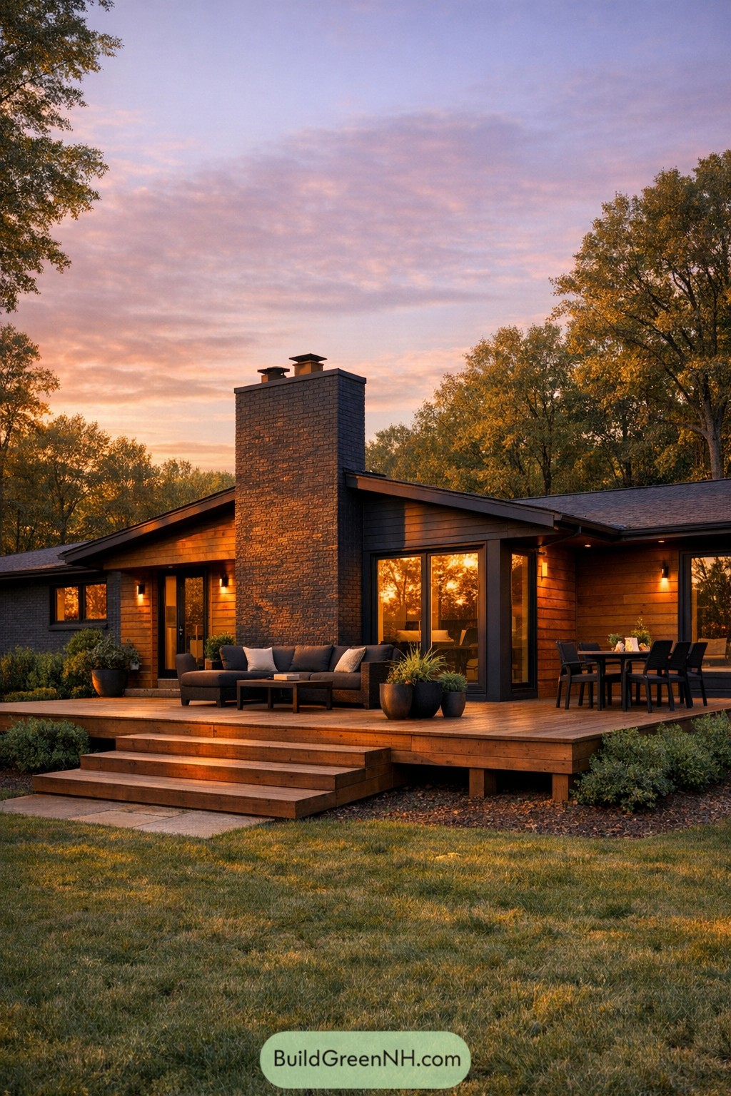 Dark brick ranch with wood deck at dusk