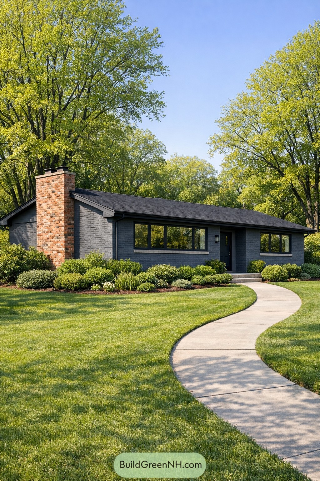 Gray painted brick ranch with curved walkway