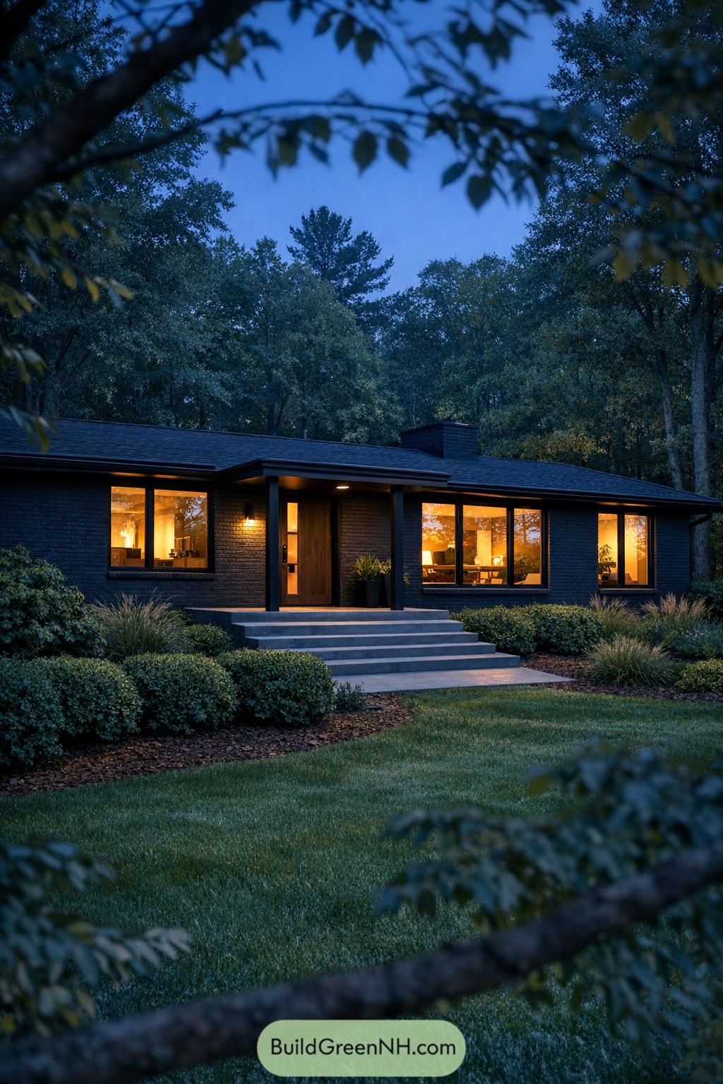 Dark painted brick ranch with warm windows in a wooded yard