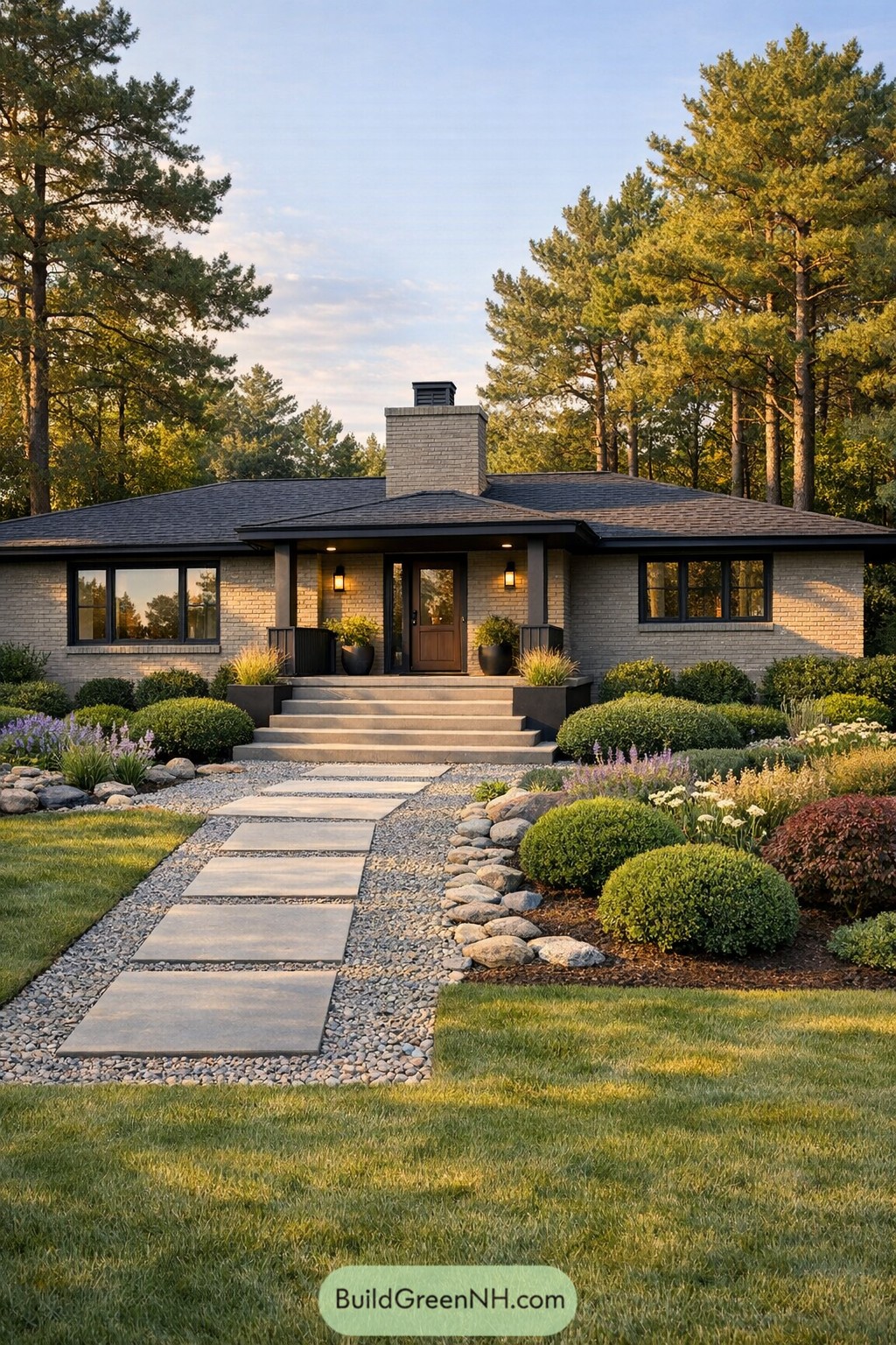 Gray painted brick ranch with black trim and landscaped walkway