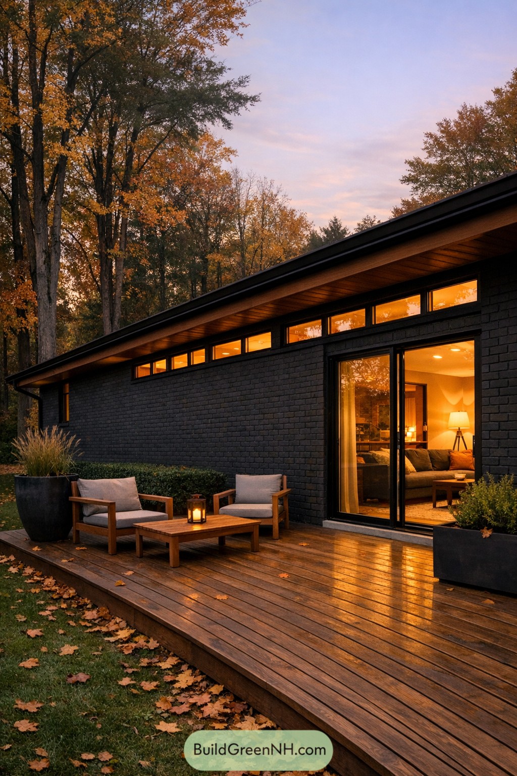 Black painted brick ranch with warm patio glow