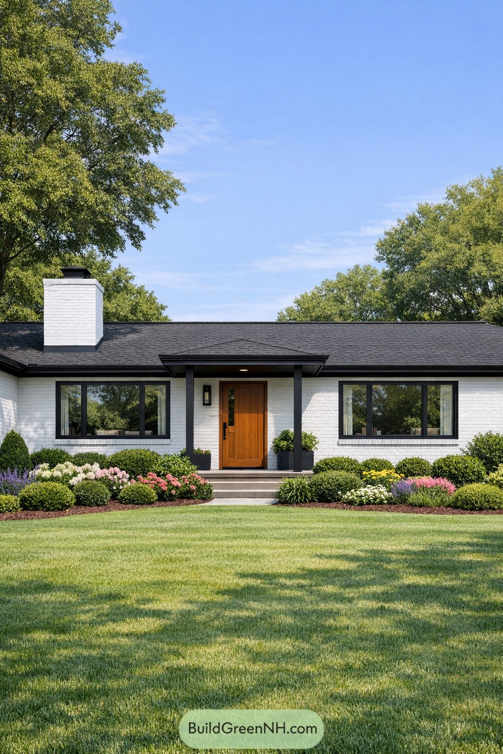 White painted brick ranch with black trim and a wood front door